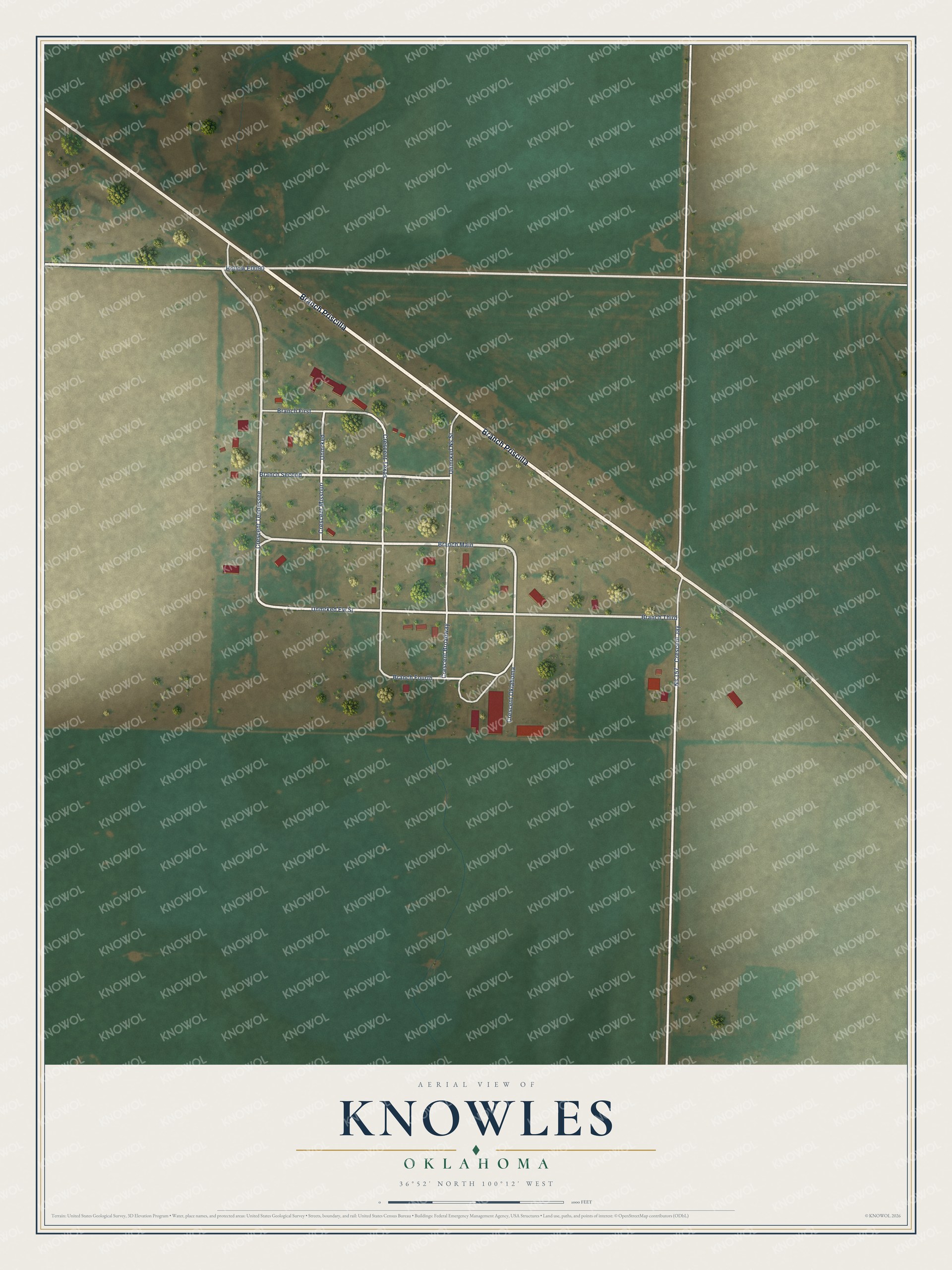 Watermarked full-map preview of Knowles, Oklahoma