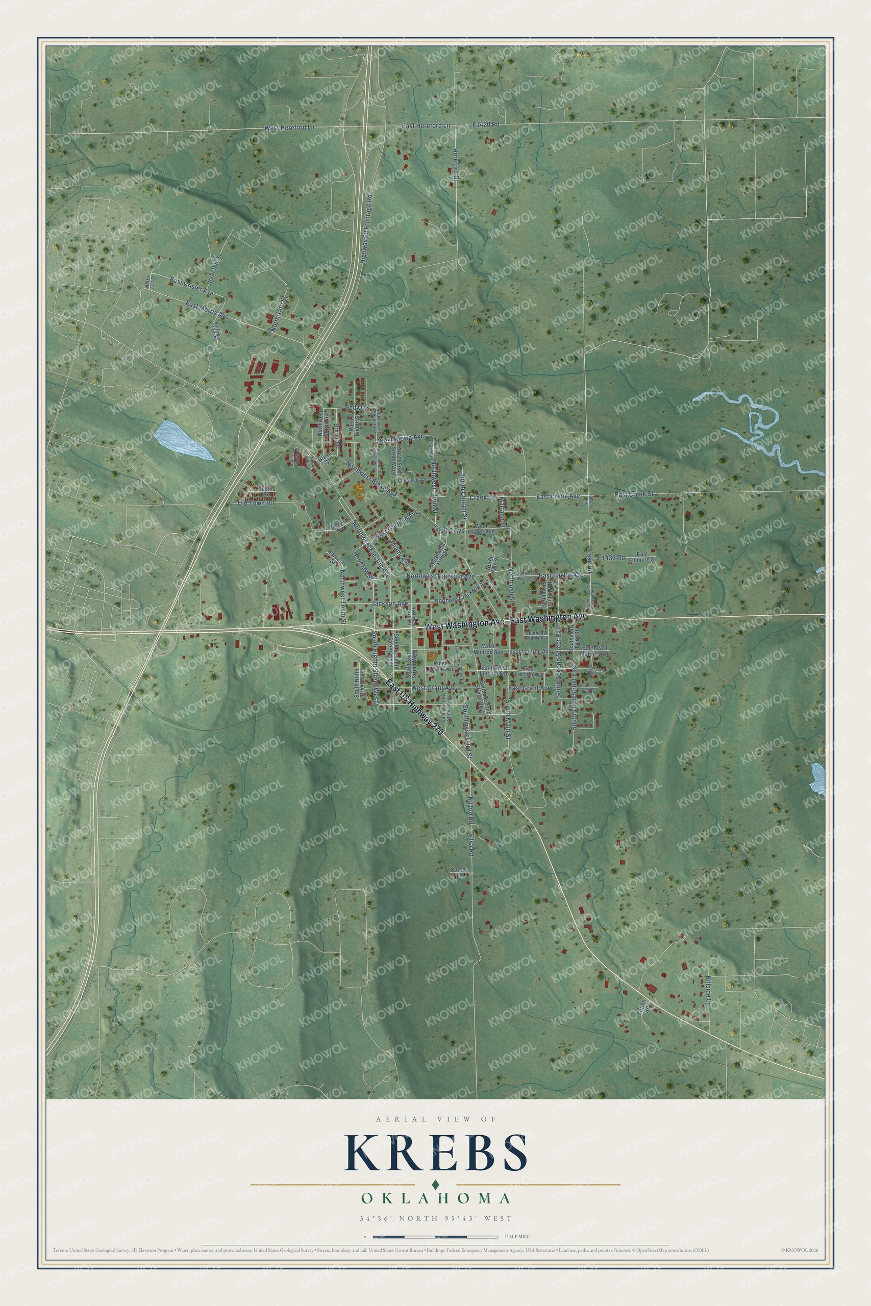 Full map of Krebs, Oklahoma, with red buildings, printed street names and the land around them