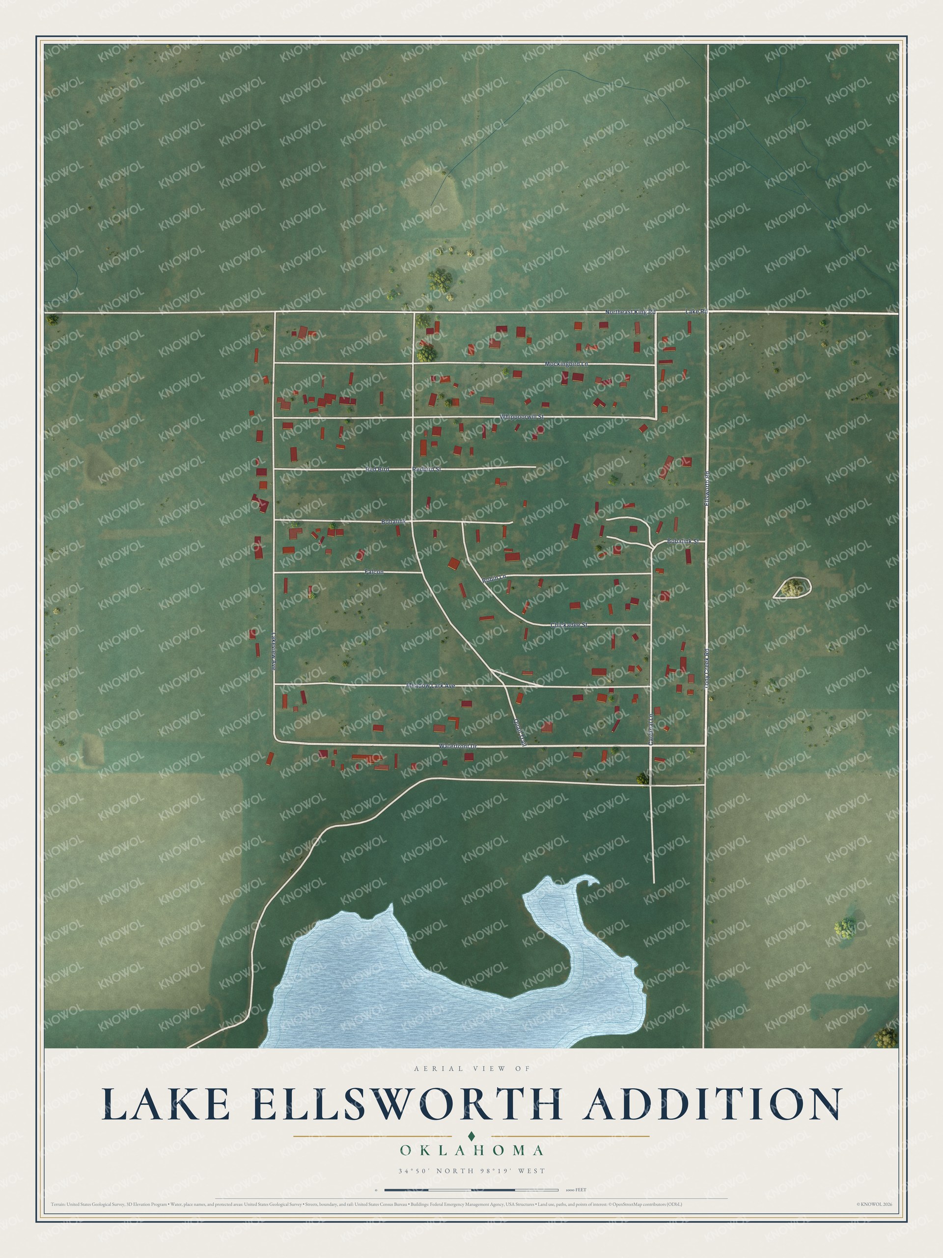 Full map of Lake Ellsworth Addition, Oklahoma, with red buildings, printed street names and the land around them
