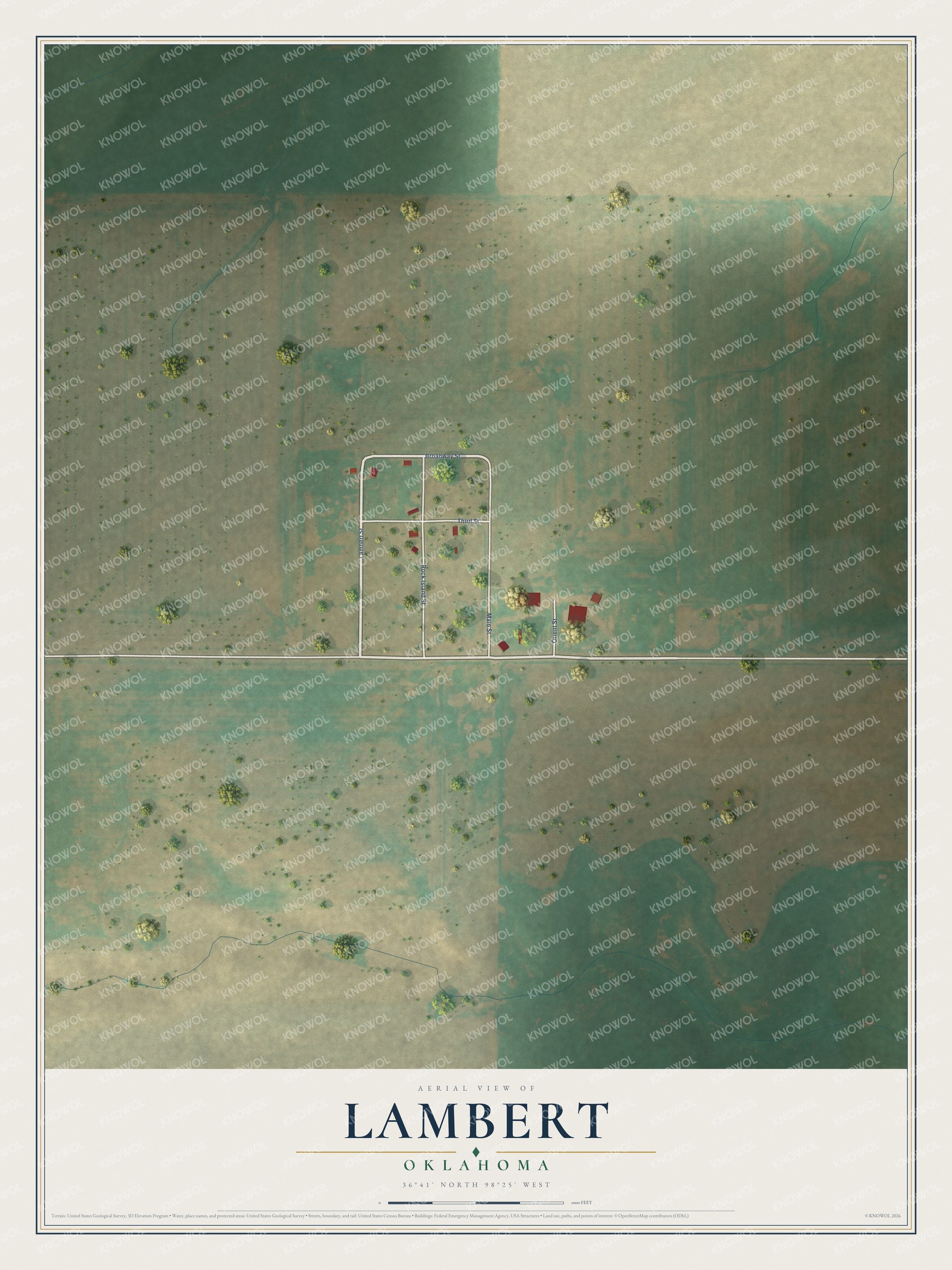 Full map of Lambert, Oklahoma, with red buildings, printed street names and the land around them