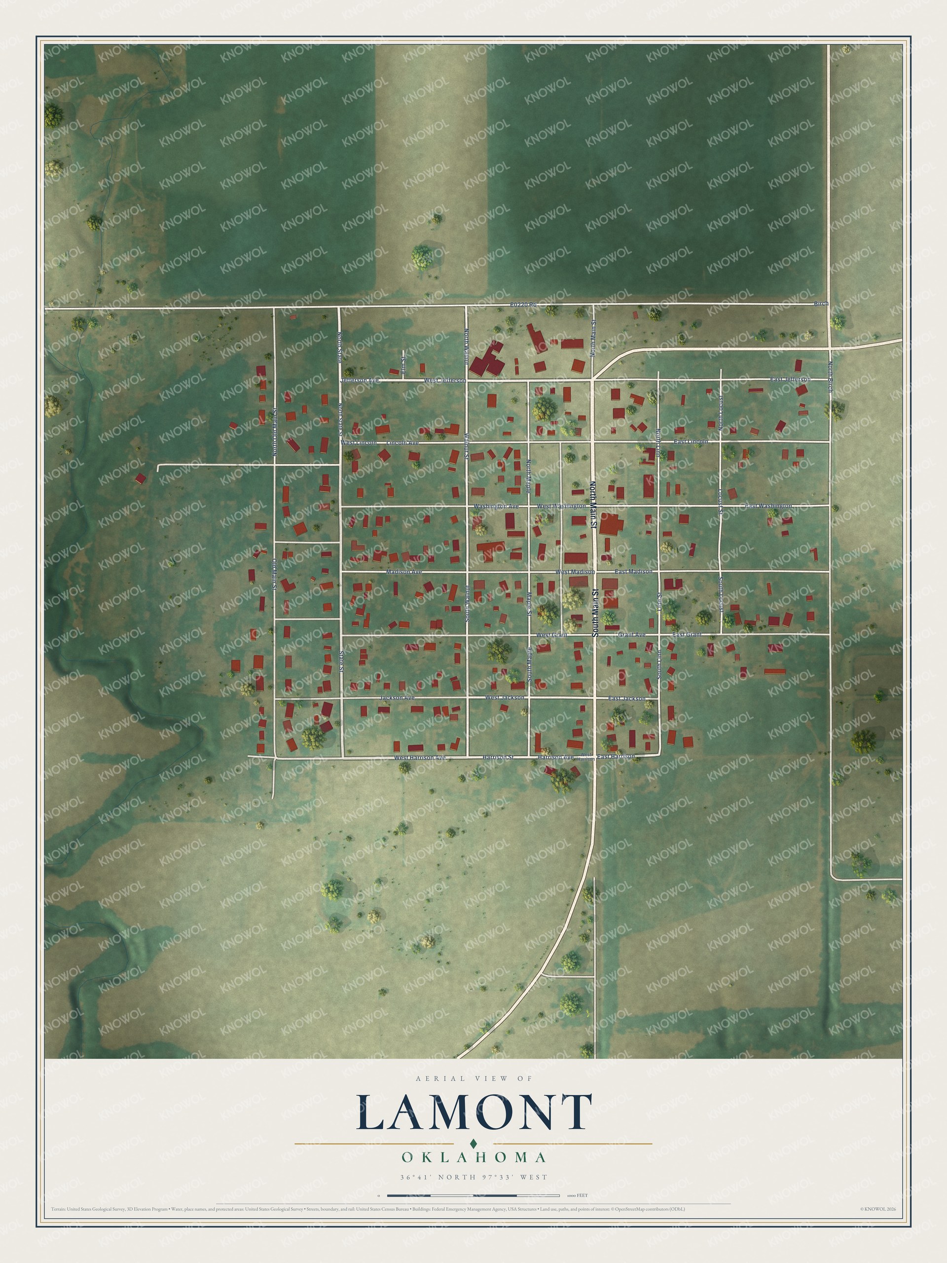 Full map of Lamont, Oklahoma, with red buildings, printed street names and the land around them