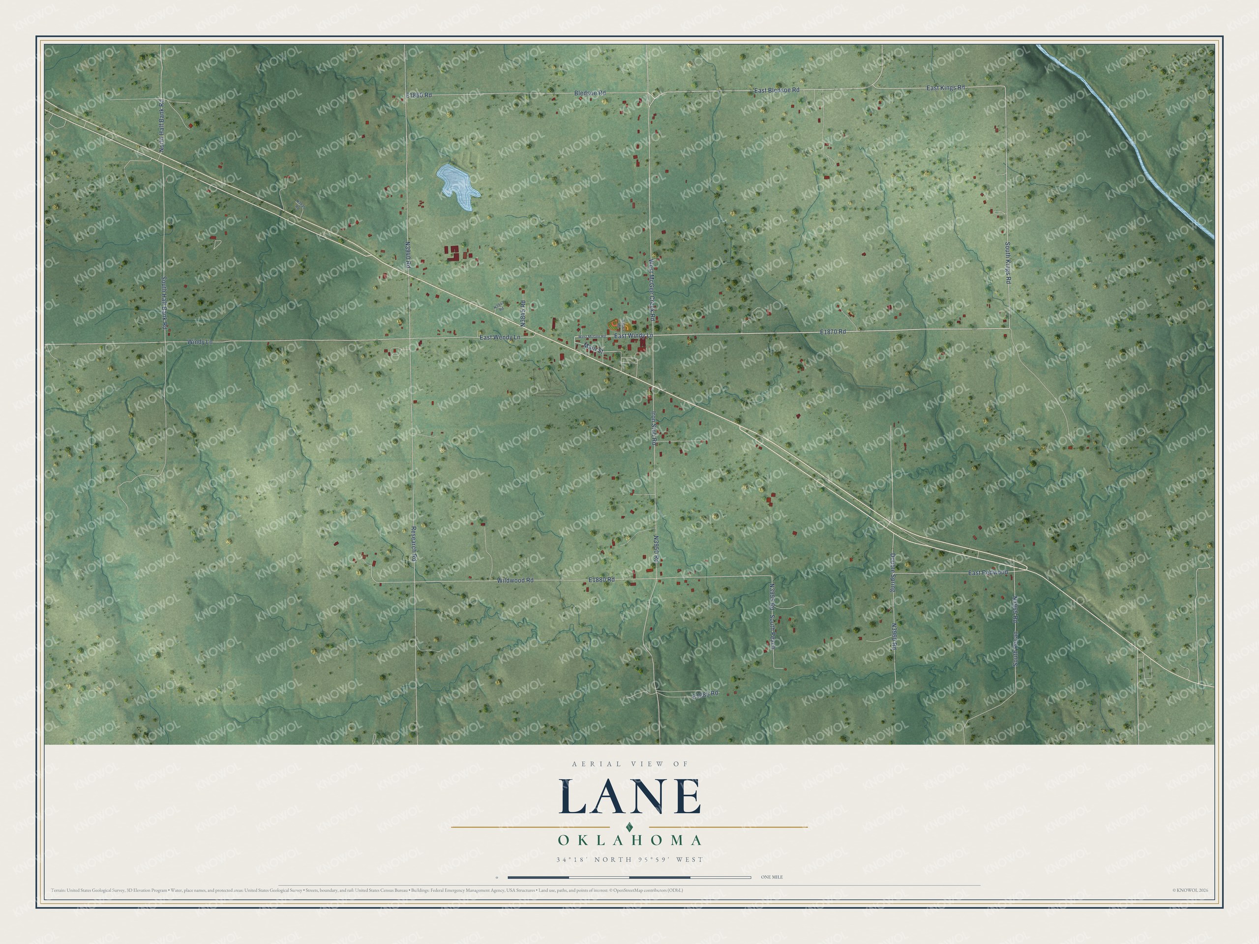 Full map of Lane, Oklahoma, with red buildings, printed street names and the land around them