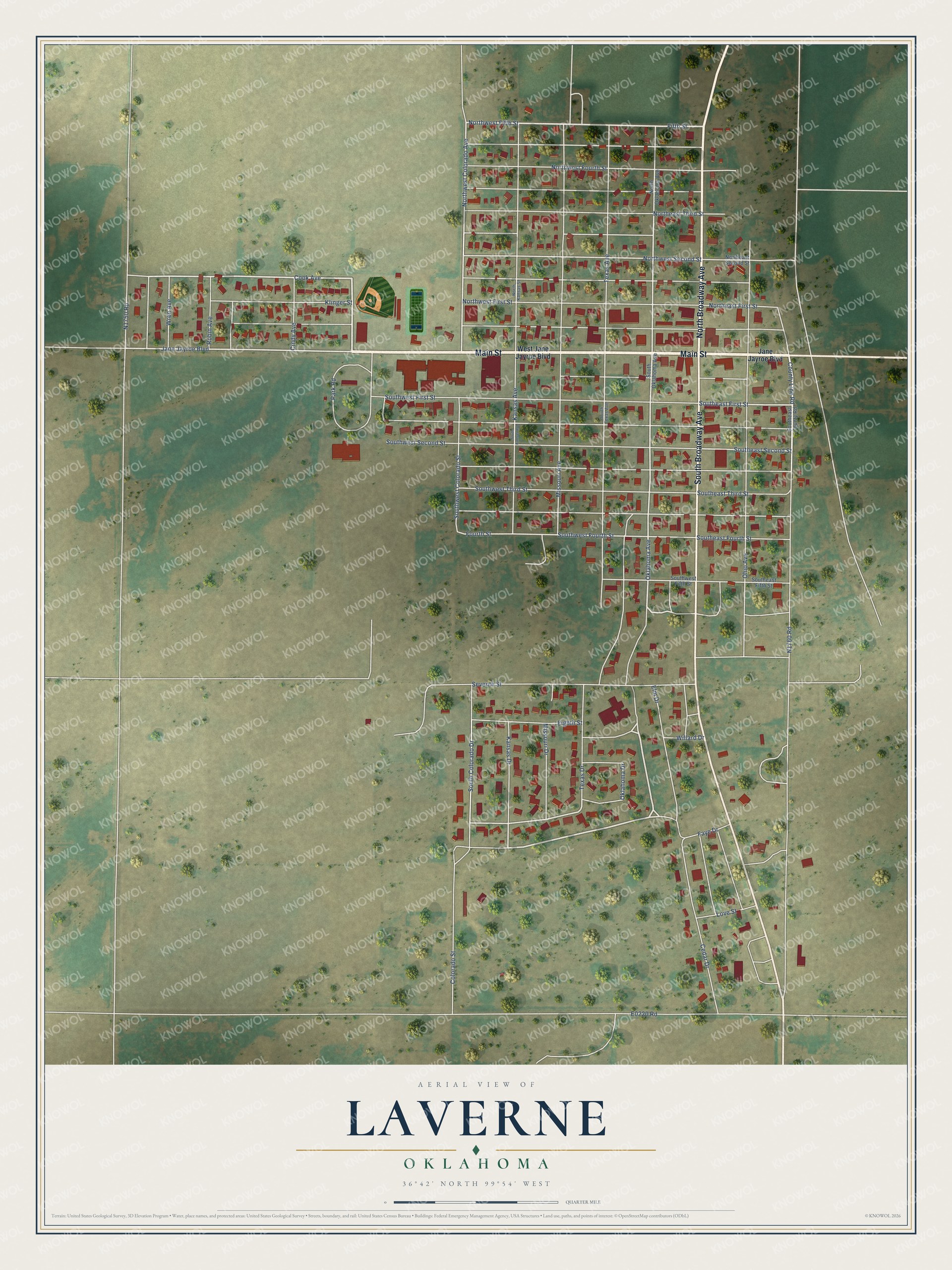 Full map of Laverne, Oklahoma, with red buildings, printed street names and the land around them