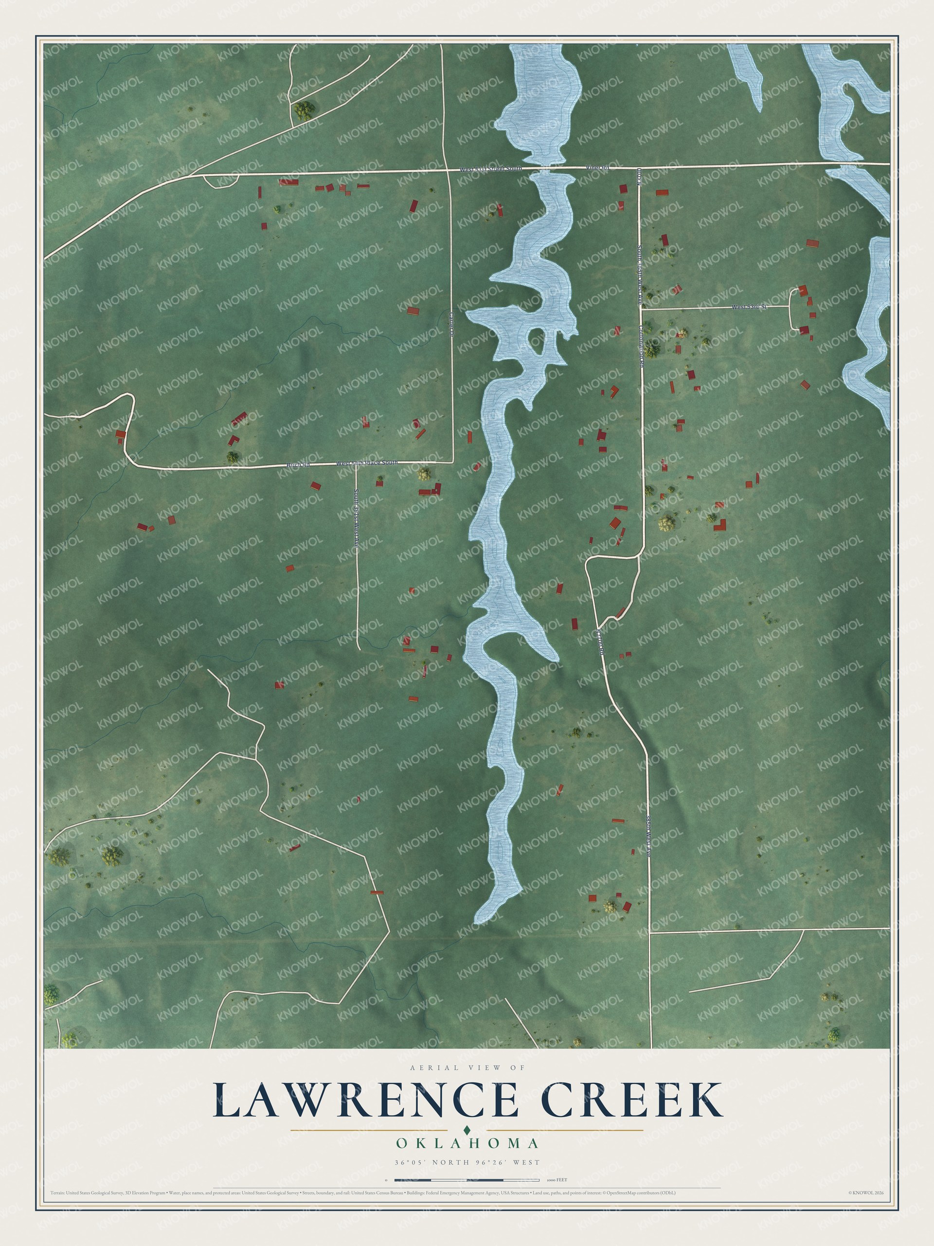 Full map of Lawrence Creek, Oklahoma, with red buildings, printed street names and the land around them