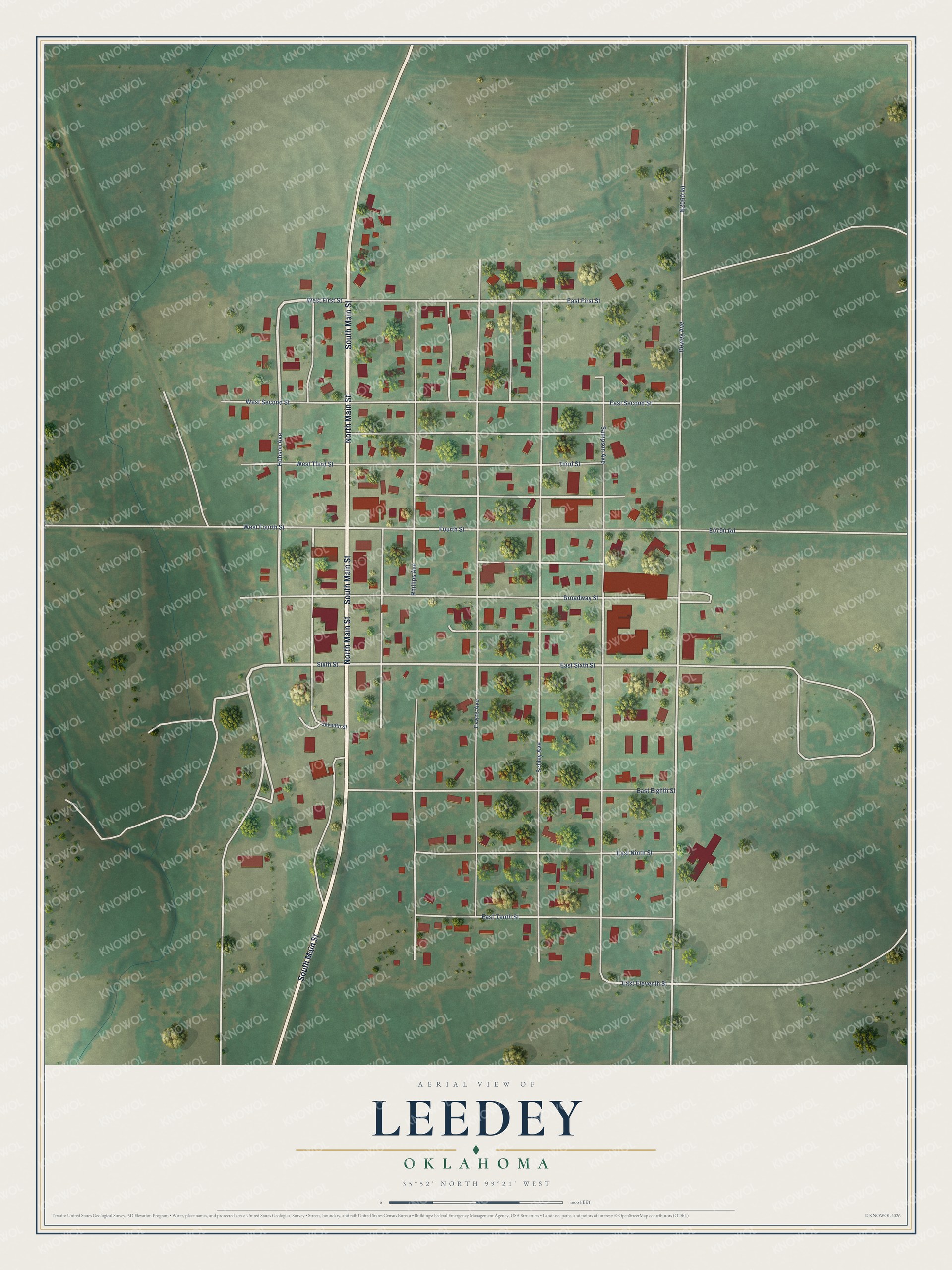 Full map of Leedey, Oklahoma, with red buildings, printed street names and the land around them