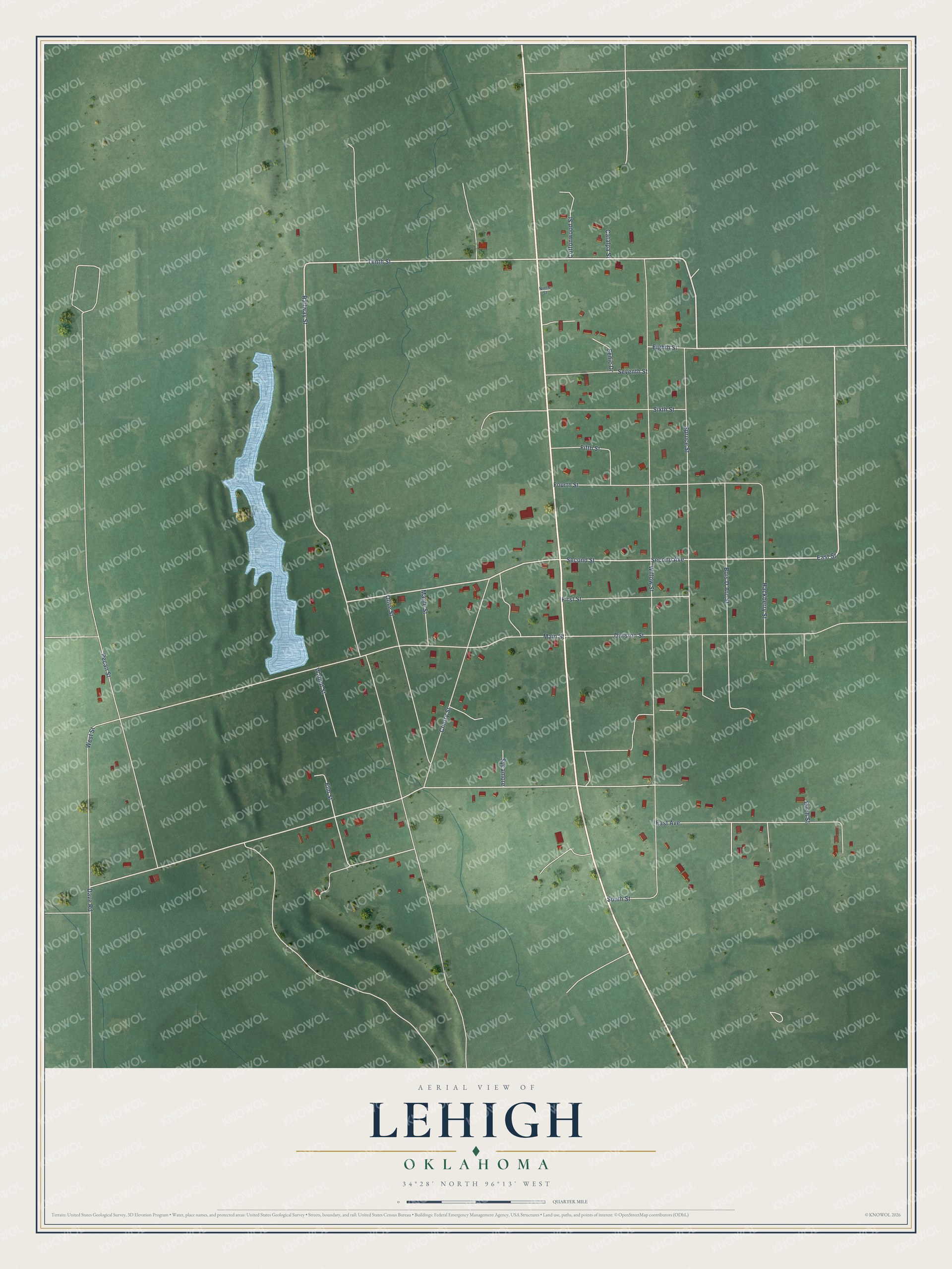 Full map of Lehigh, Oklahoma, with red buildings, printed street names and the land around them