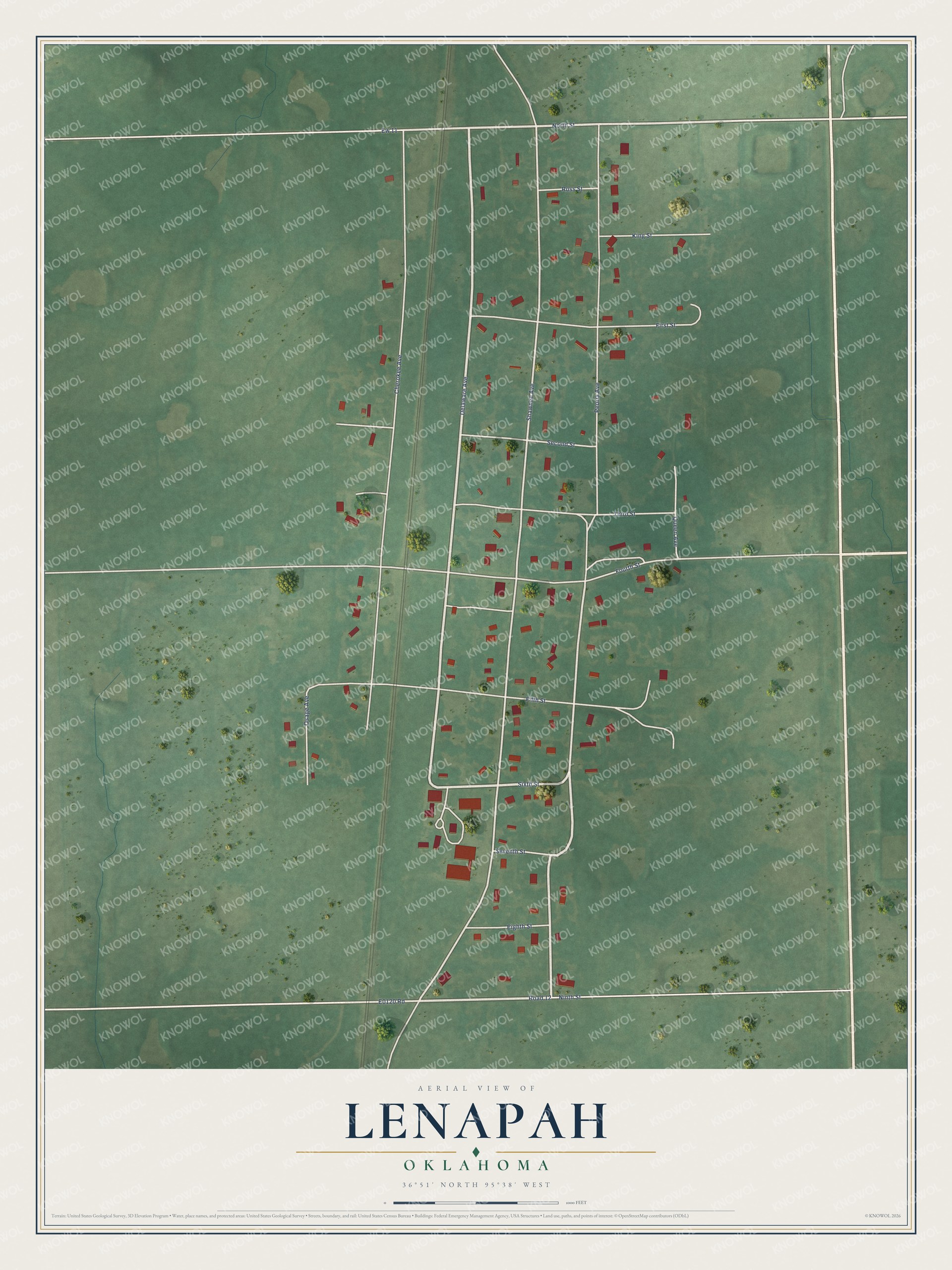 Full map of Lenapah, Oklahoma, with red buildings, printed street names and the land around them