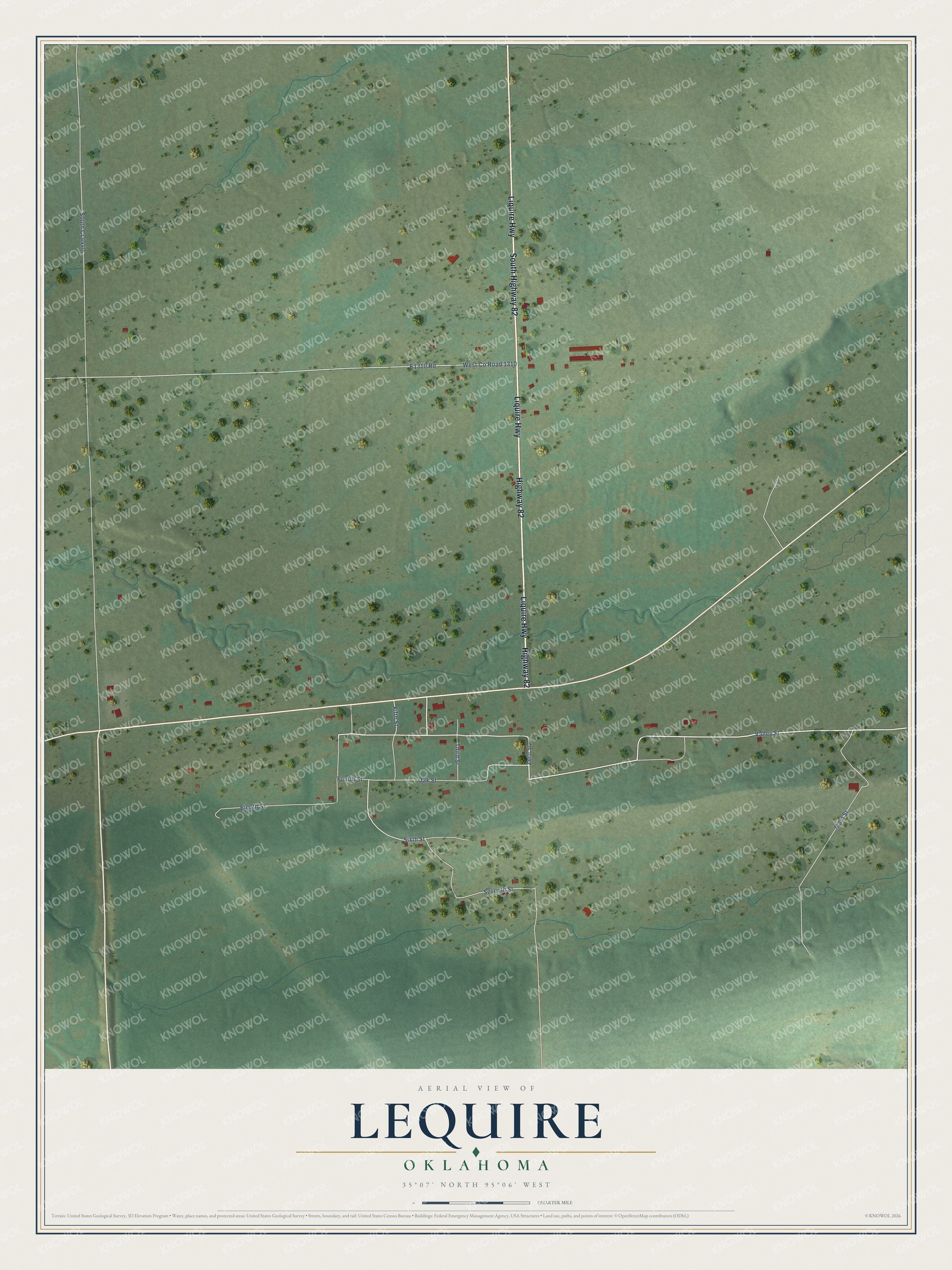 Full map of Lequire, Oklahoma, with red buildings, printed street names and the land around them