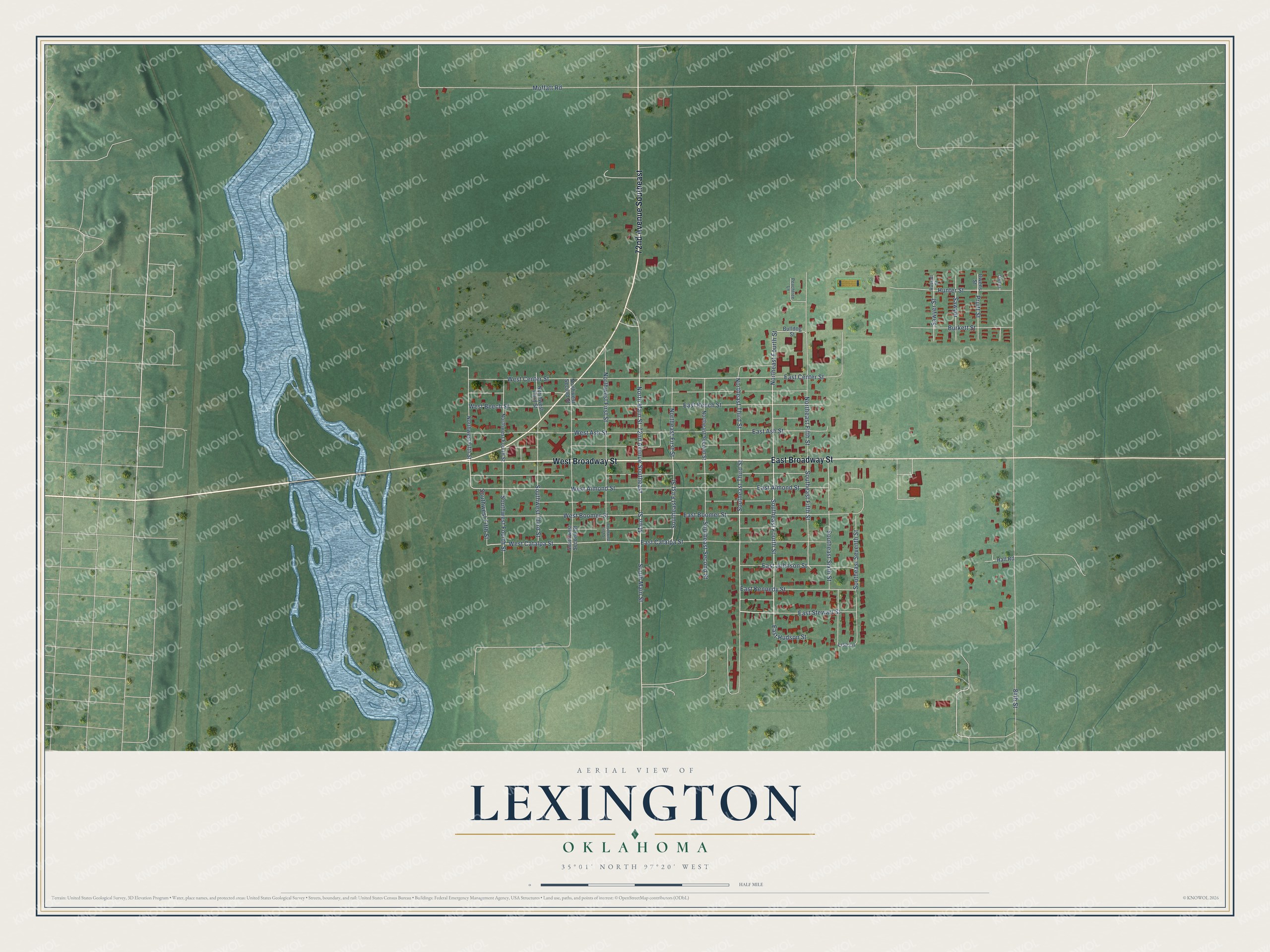 Full map of Lexington, Oklahoma, with red buildings, printed street names and the land around them
