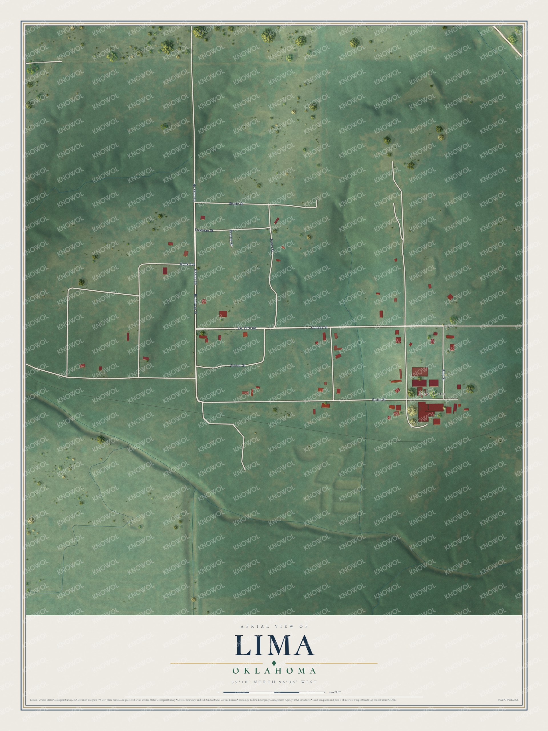 Full map of Lima, Oklahoma, with red buildings, printed street names and the land around them