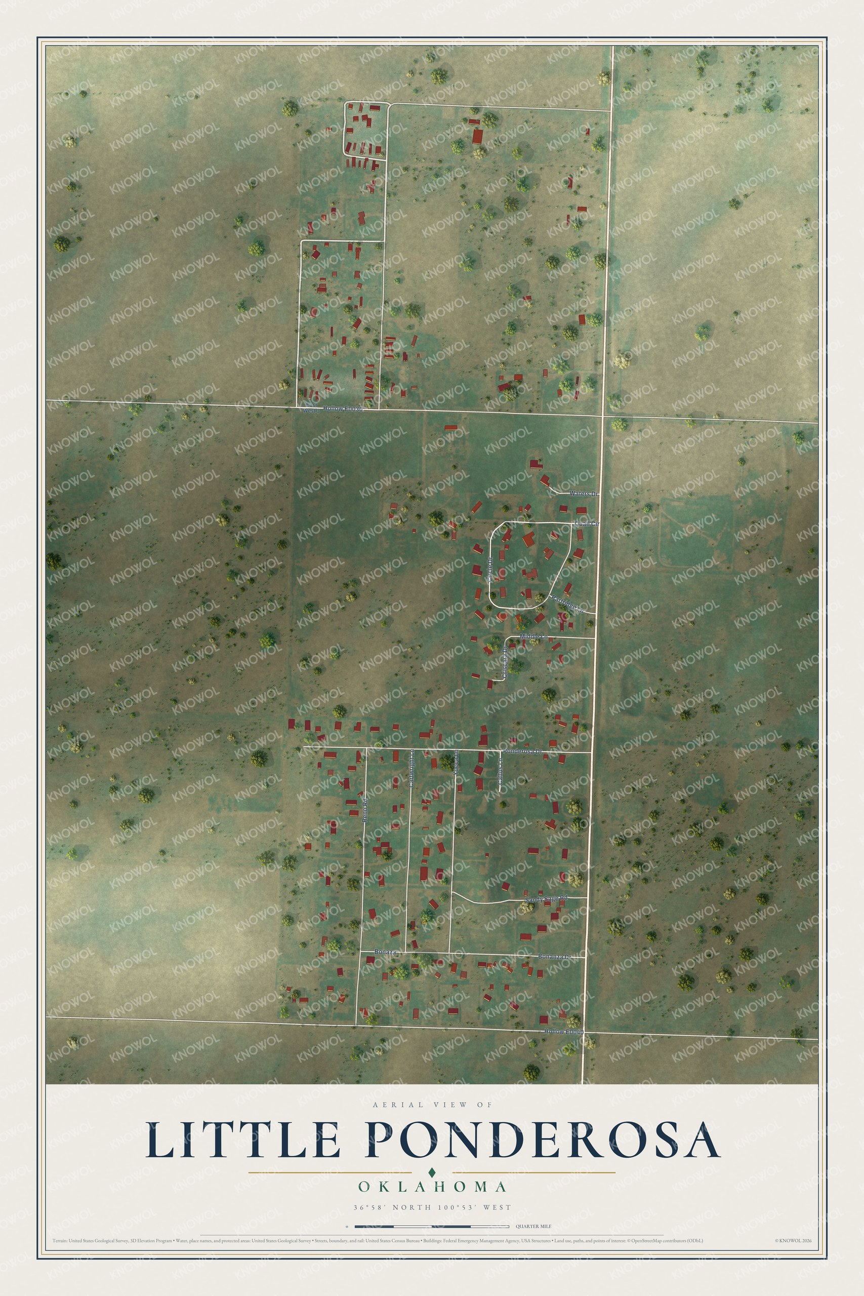 Full map of Little Ponderosa, Oklahoma, with red buildings, printed street names and the land around them