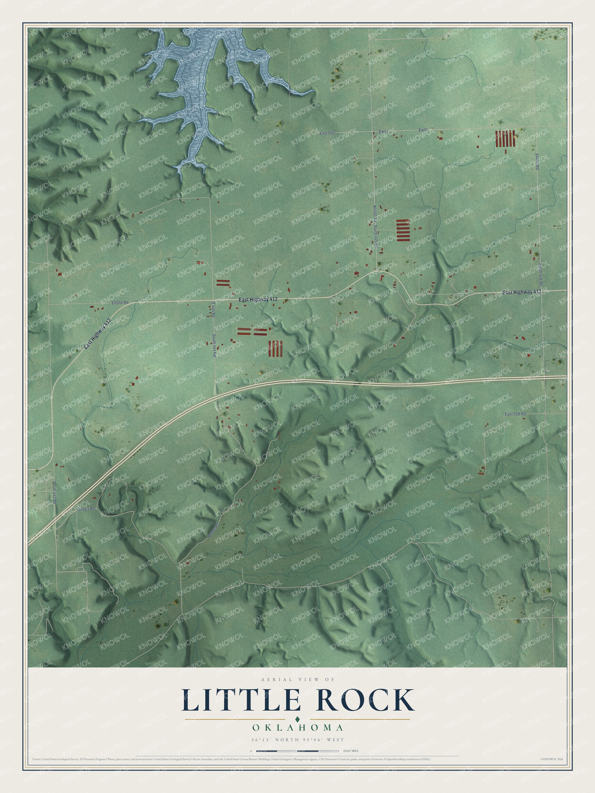 Full map of Little Rock, Oklahoma, with red buildings, printed street names and the land around them