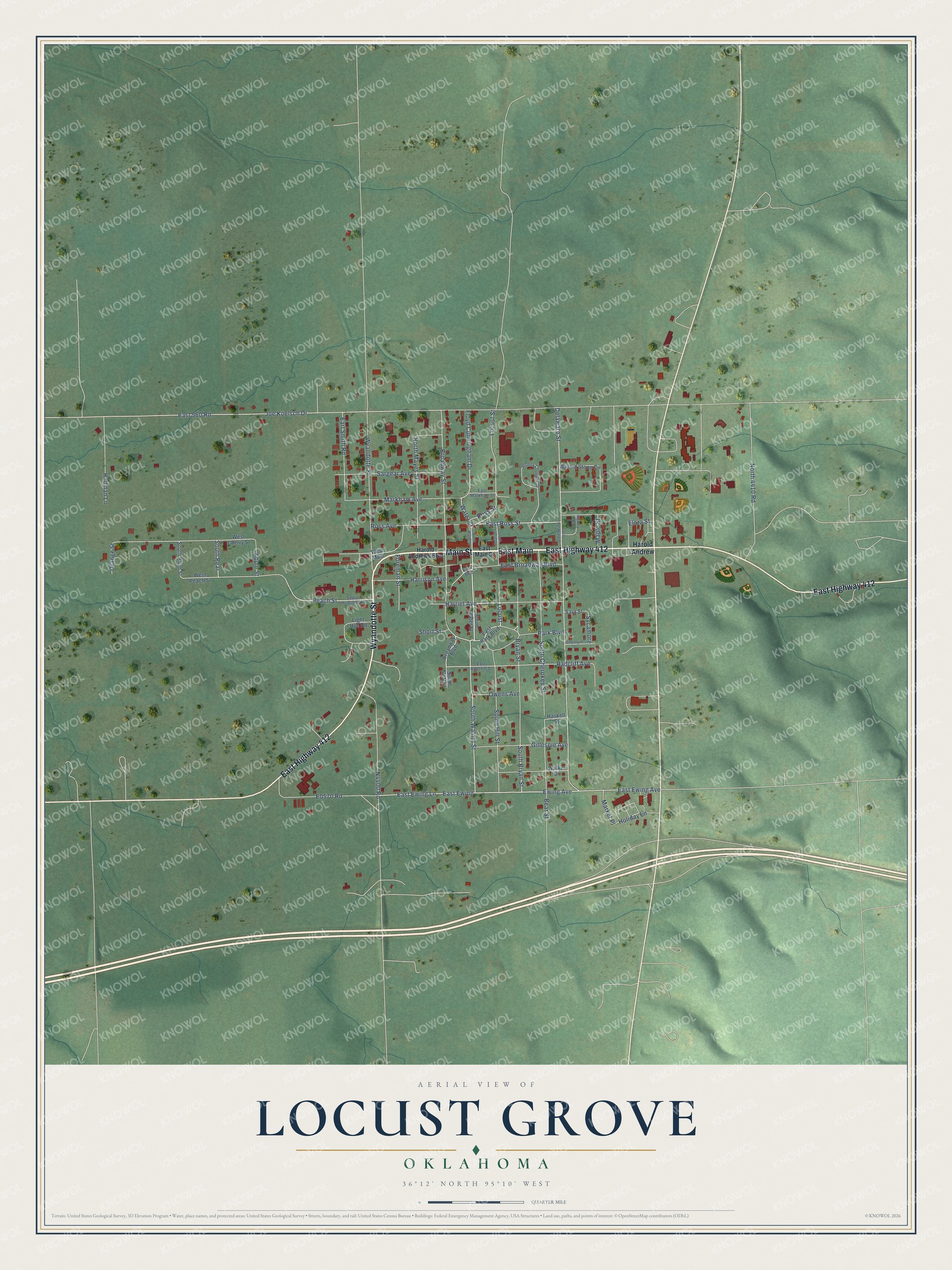 Full map of Locust Grove, Oklahoma, with red buildings, printed street names and the land around them