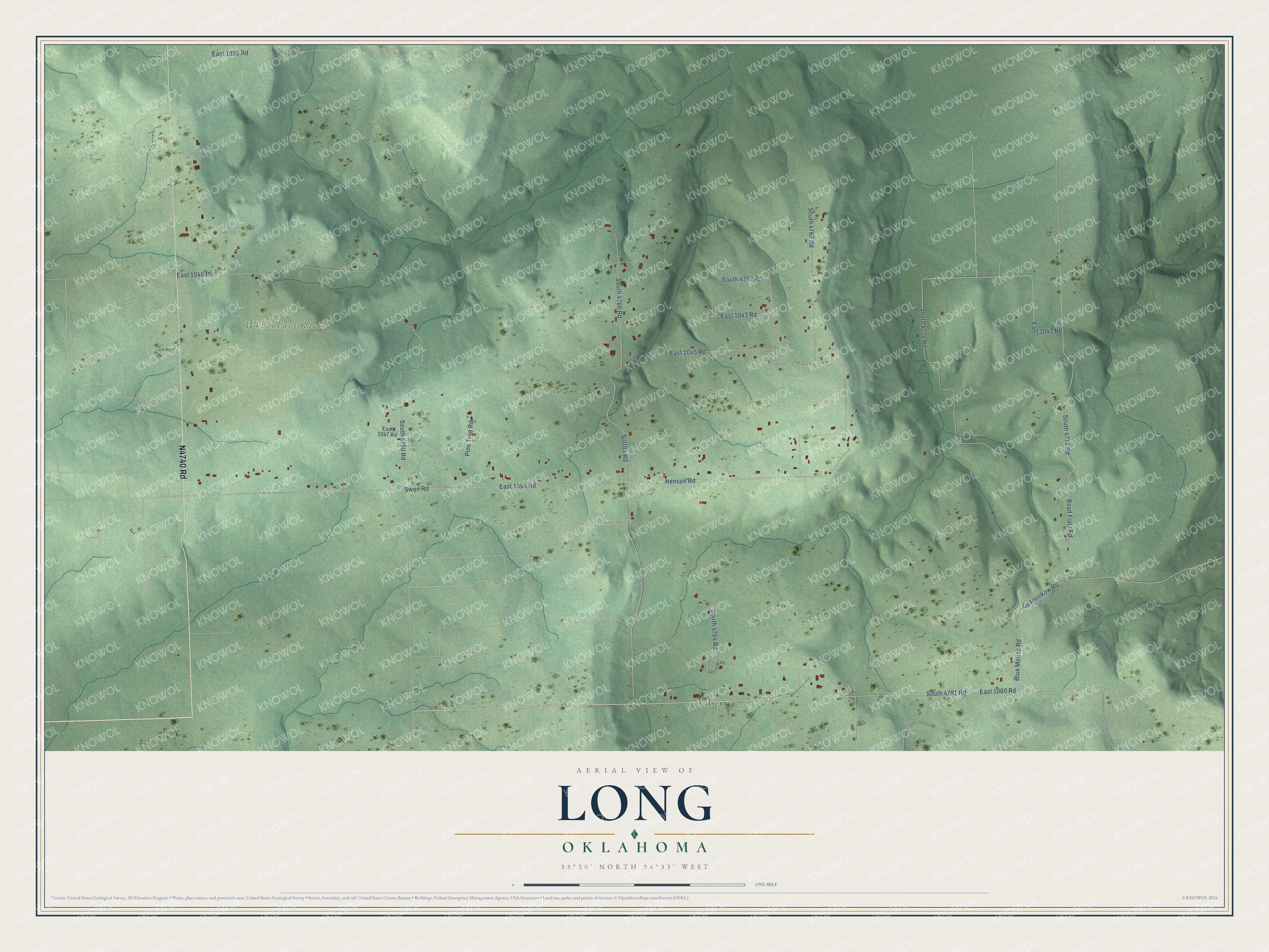Full map of Long, Oklahoma, with red buildings, printed street names and the land around them