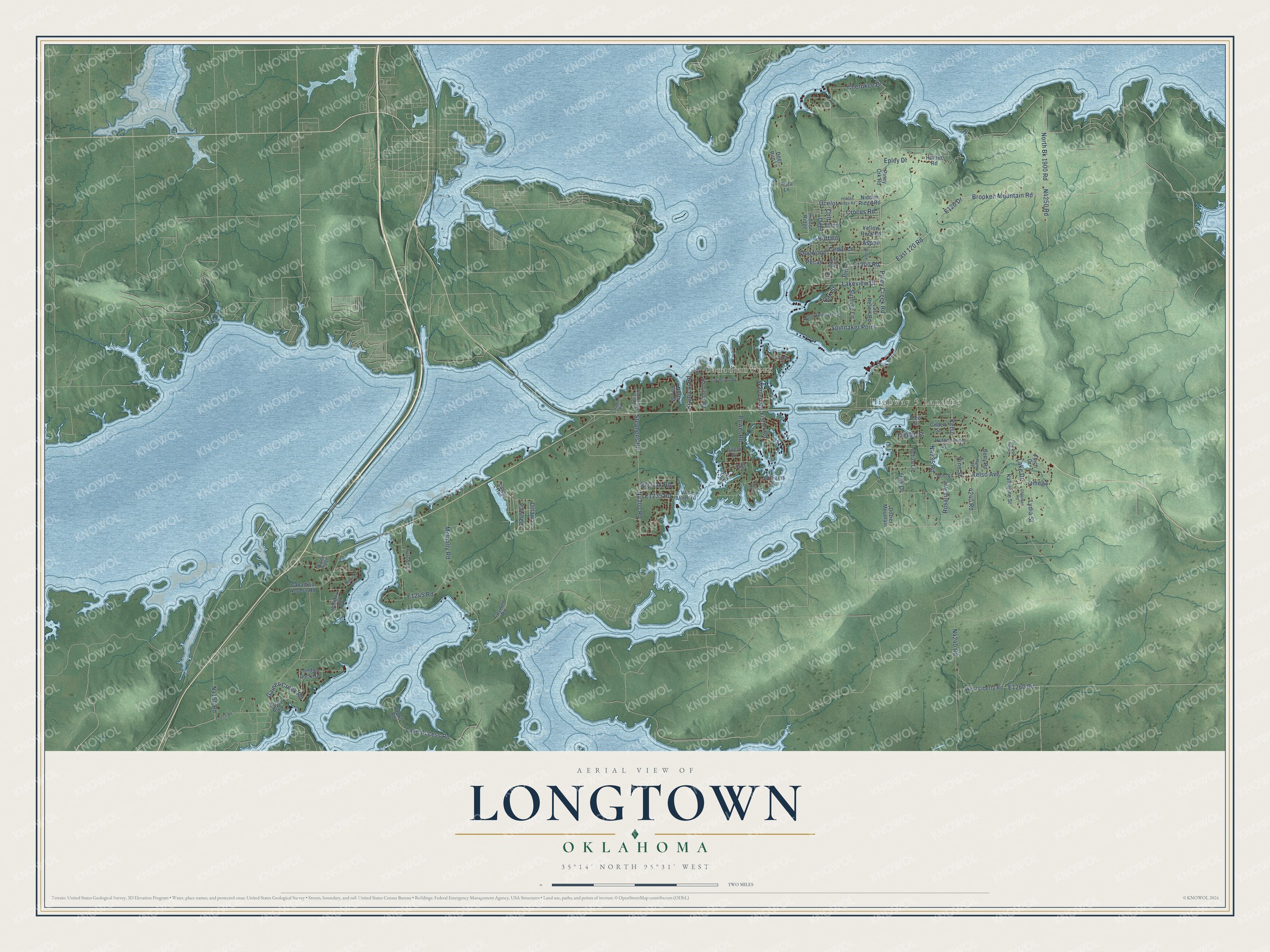 Full map of Longtown, Oklahoma, with red buildings, printed street names and the land around them