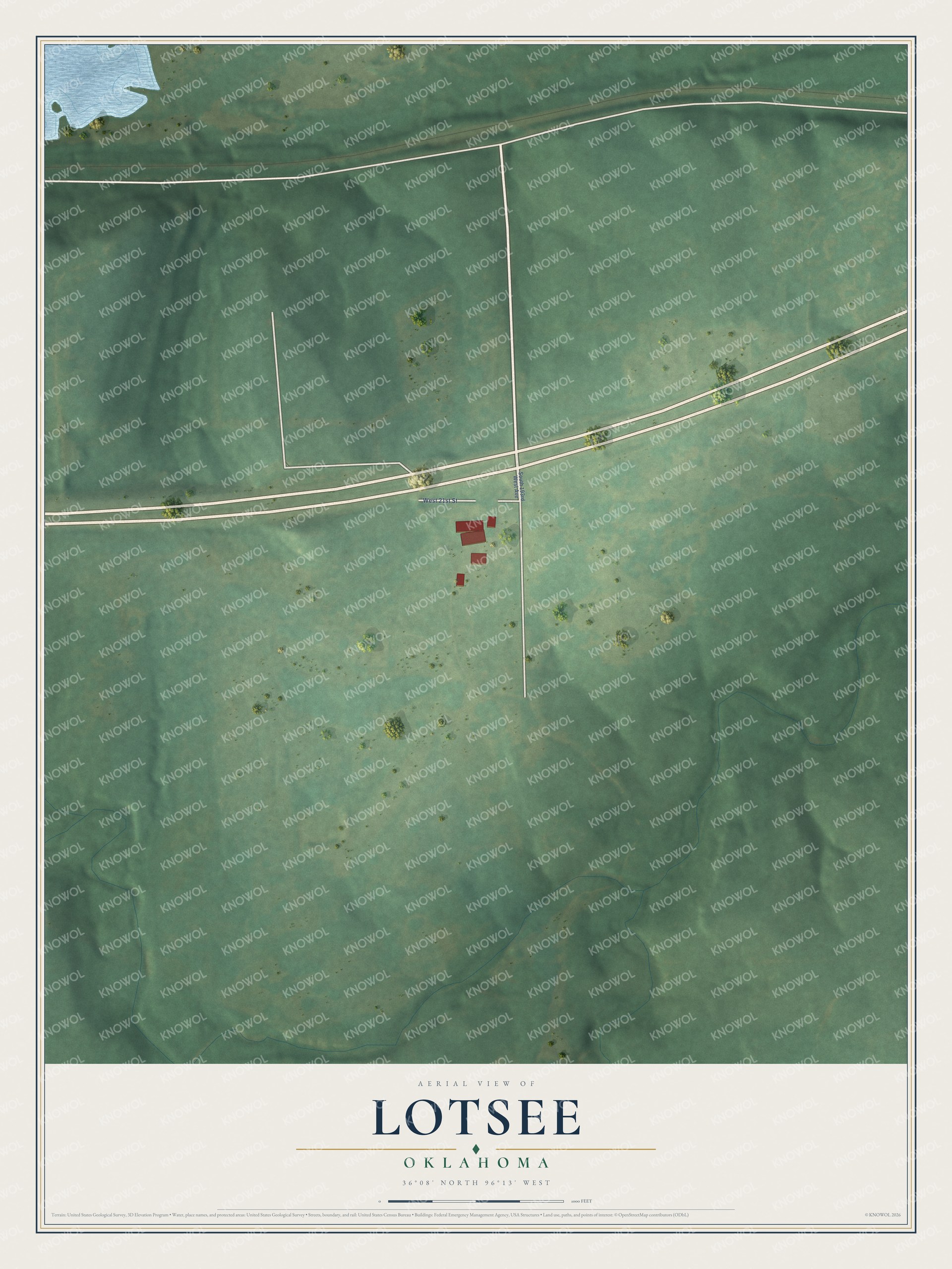 Full map of Lotsee, Oklahoma, with red buildings, printed street names and the land around them