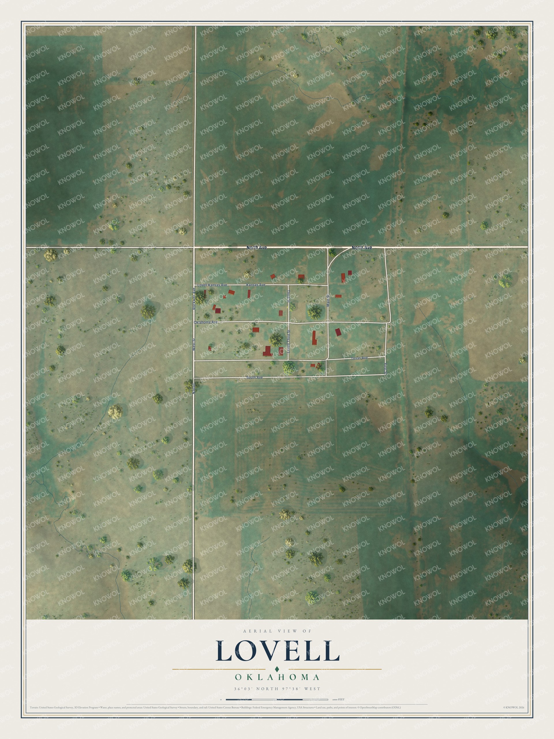 Full map of Lovell, Oklahoma, with red buildings, printed street names and the land around them