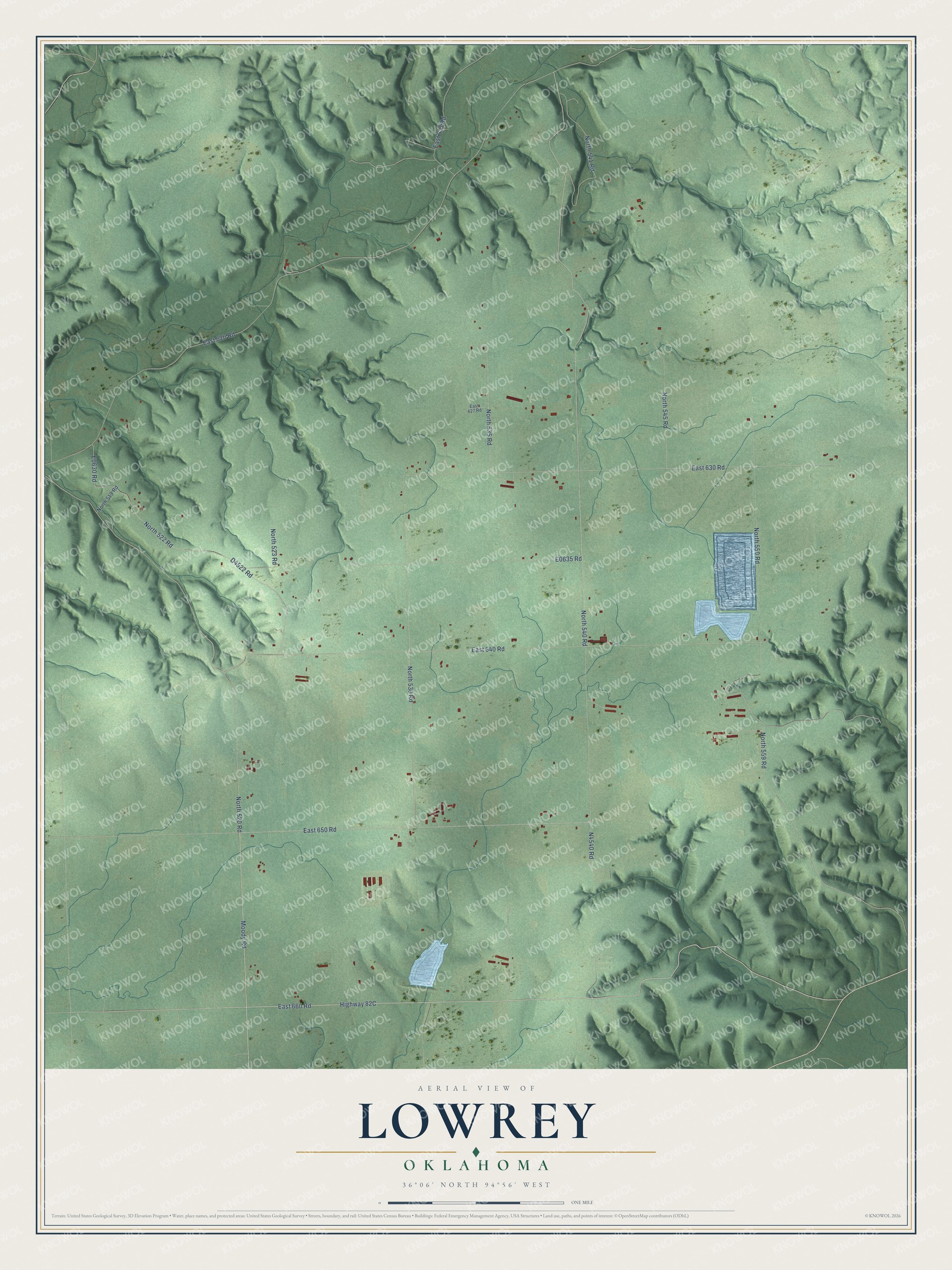 Full map of Lowrey, Oklahoma, with red buildings, printed street names and the land around them