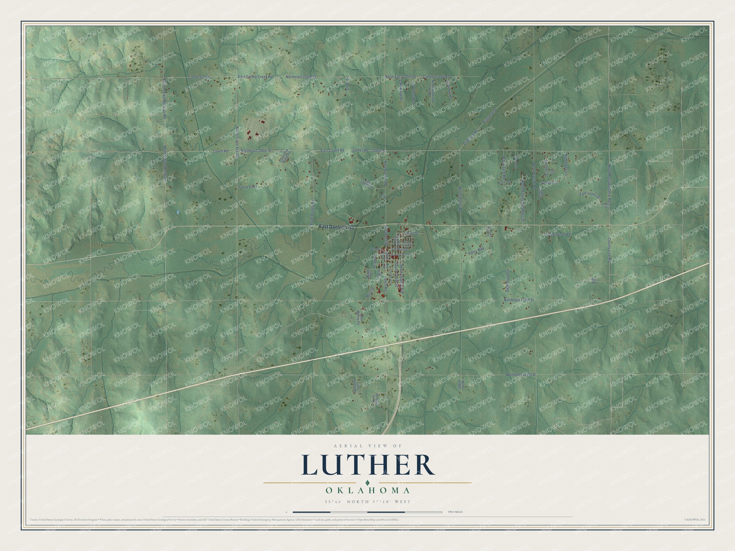 Full map of Luther, Oklahoma, with red buildings, printed street names and the land around them