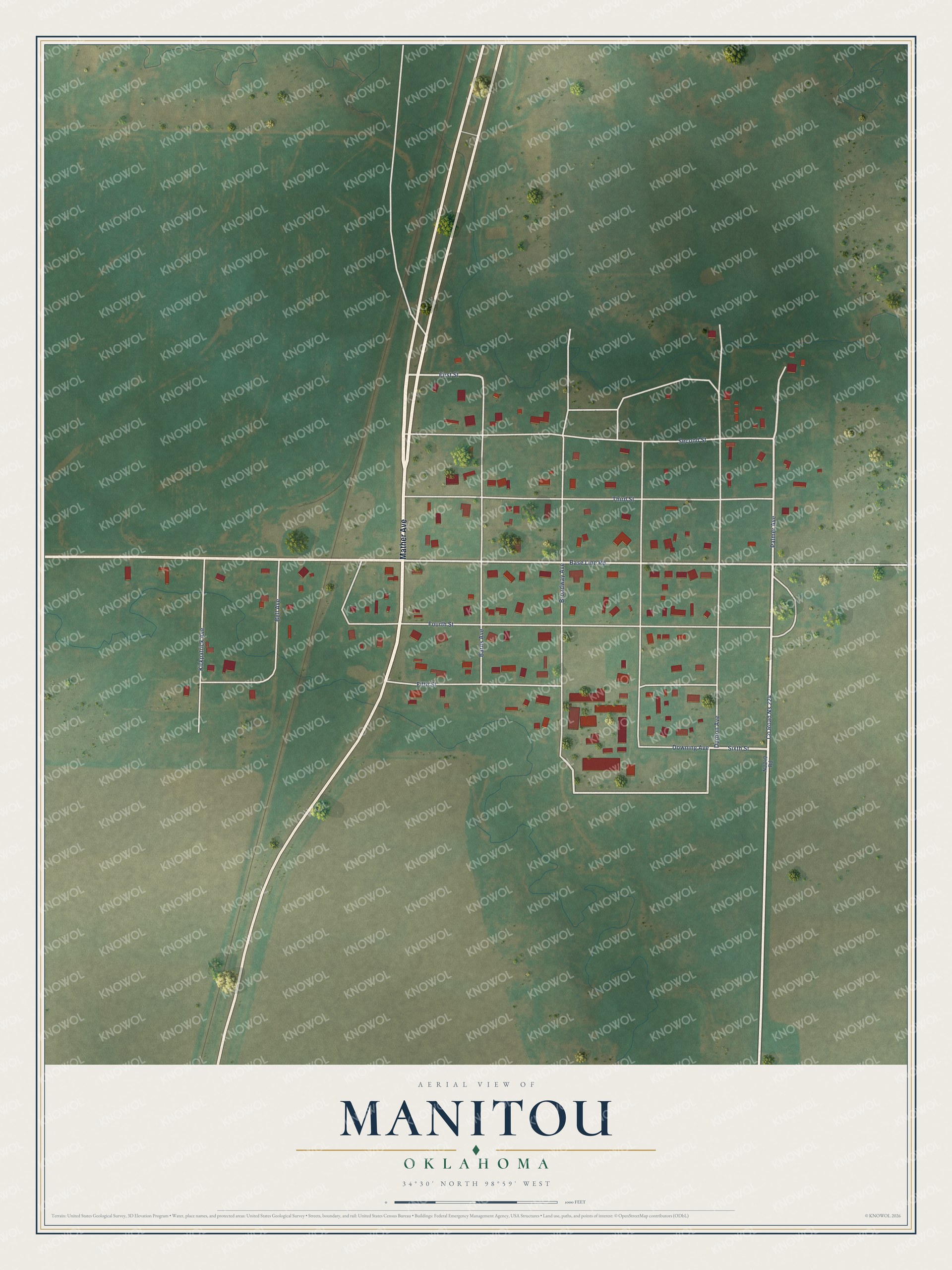 Full map of Manitou, Oklahoma, with red buildings, printed street names and the land around them