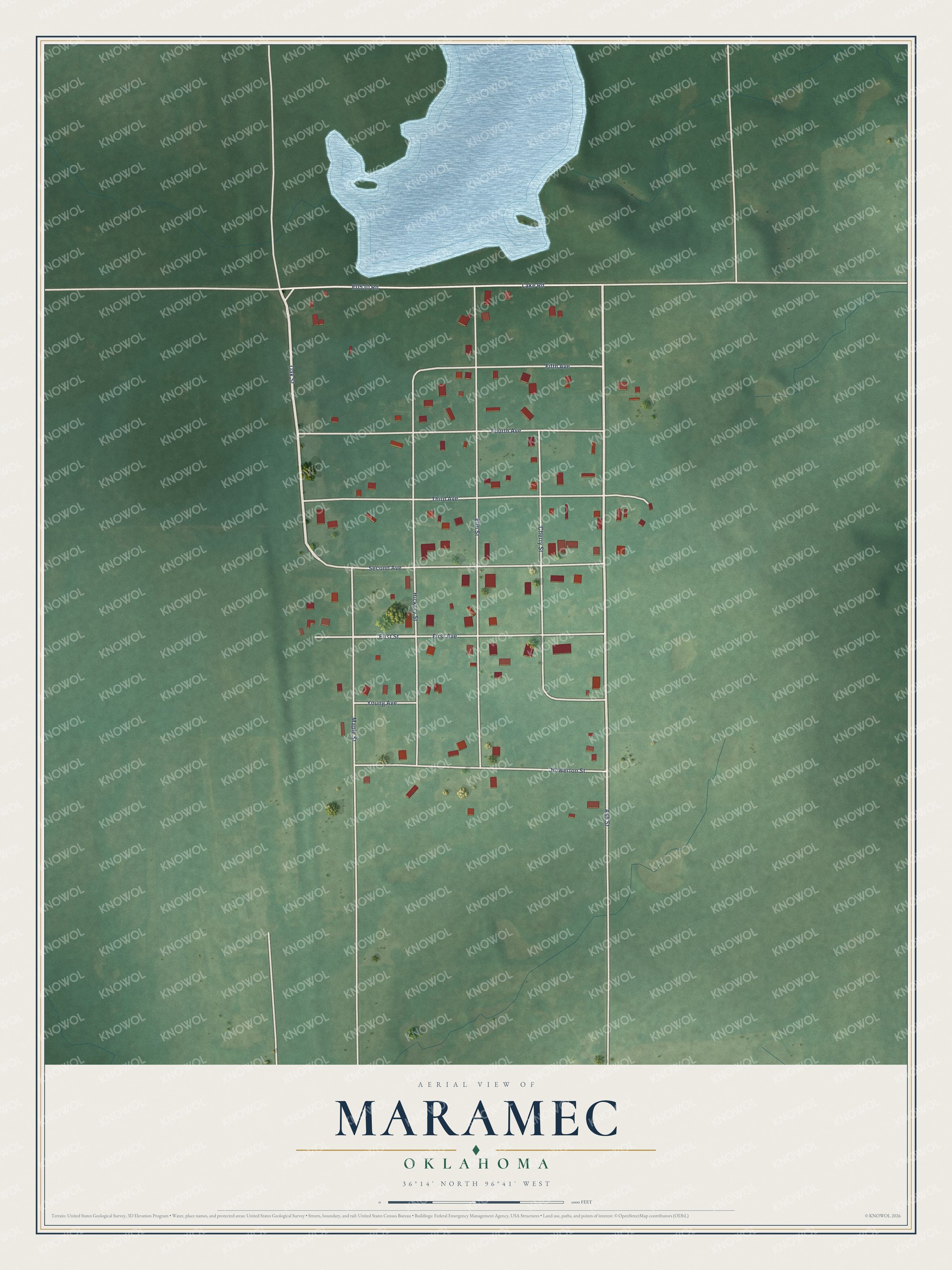 Full map of Maramec, Oklahoma, with red buildings, printed street names and the land around them