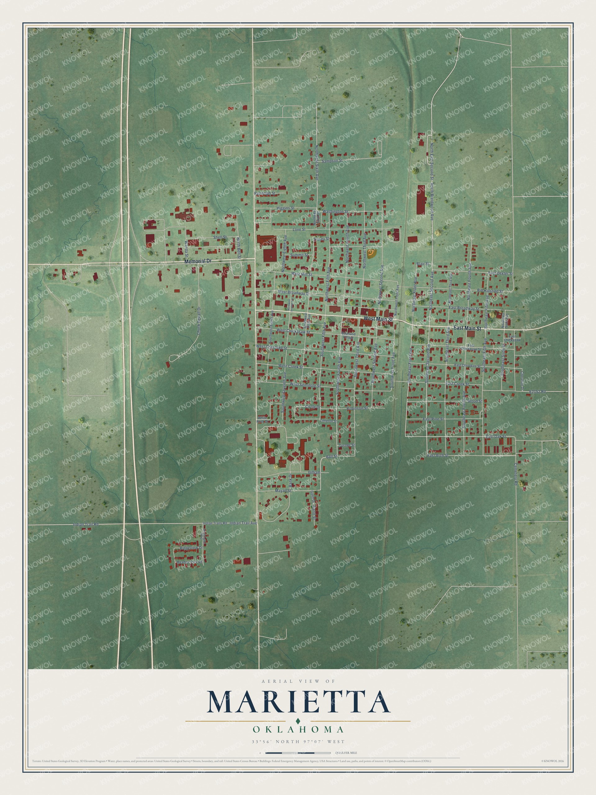 Full map of Marietta, Oklahoma, with red buildings, printed street names and the land around them