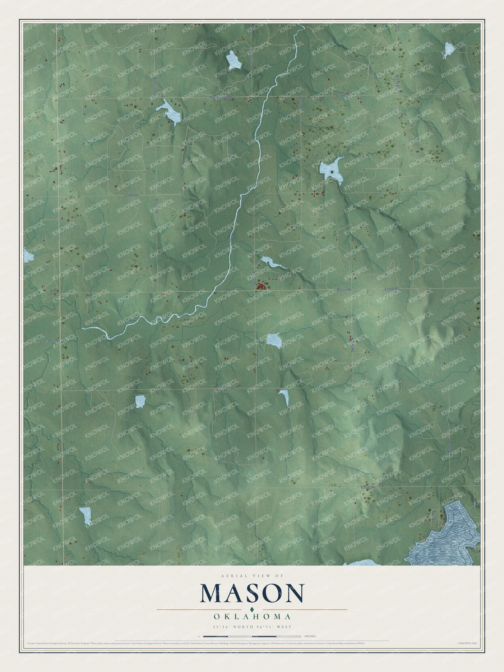 Full map of Mason, Oklahoma, with red buildings, printed street names and the land around them