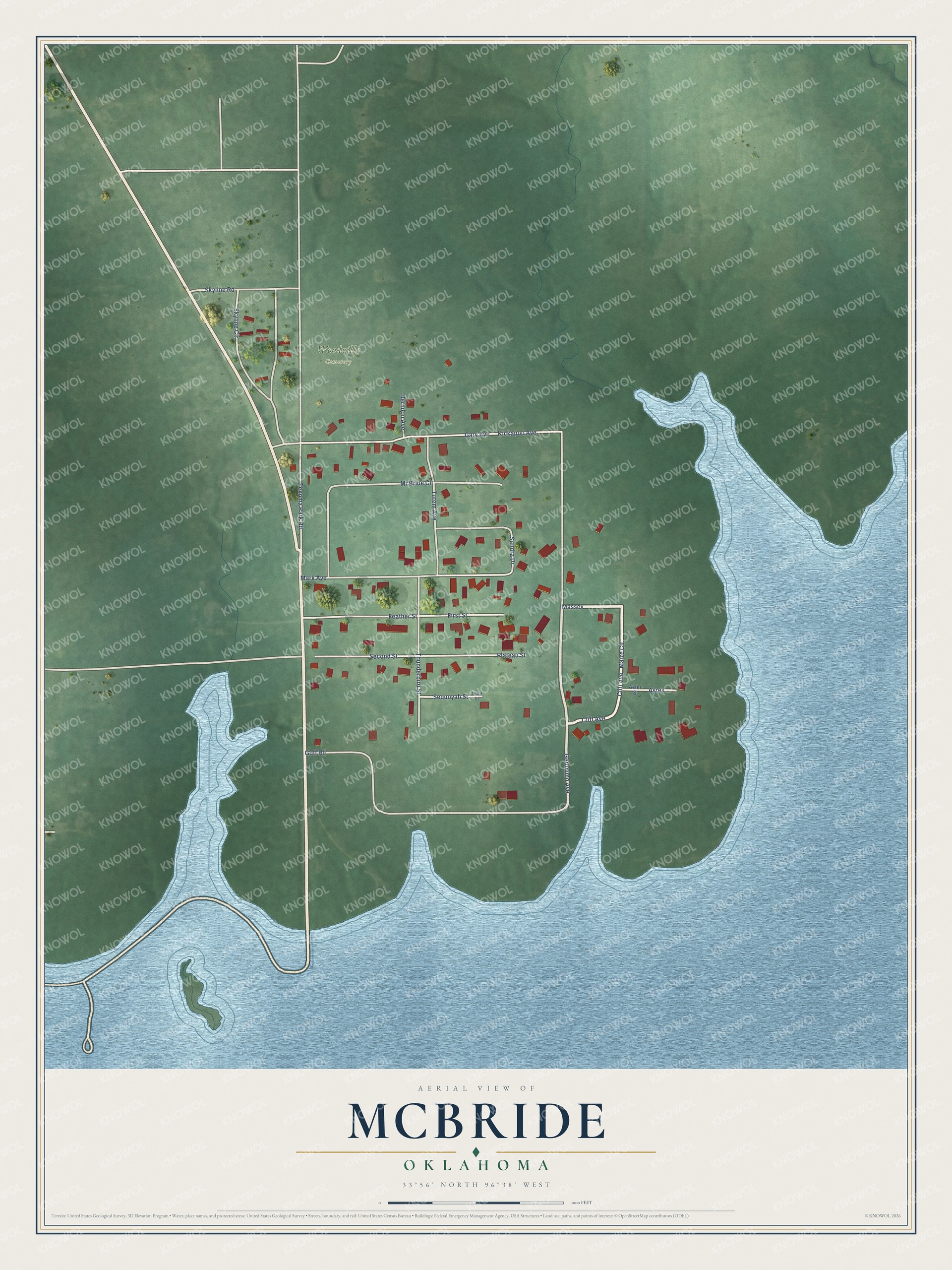 Full map of McBride, Oklahoma, with red buildings, printed street names and the land around them
