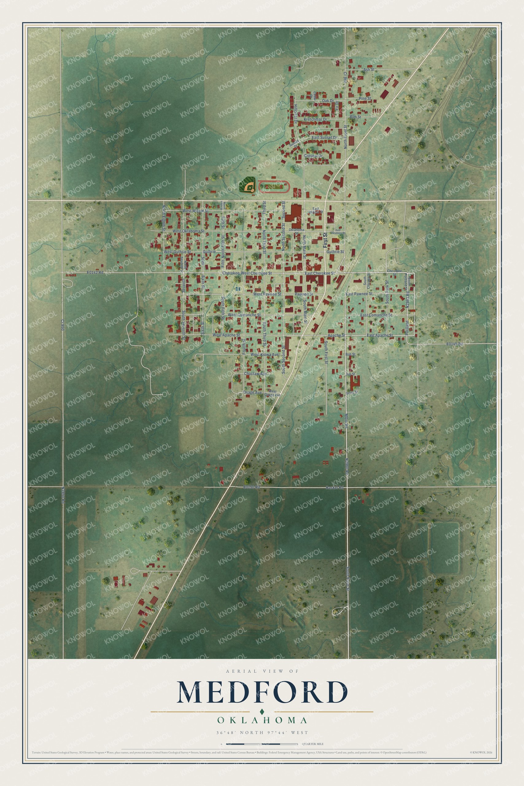 Full map of Medford, Oklahoma, with red buildings, printed street names and the land around them