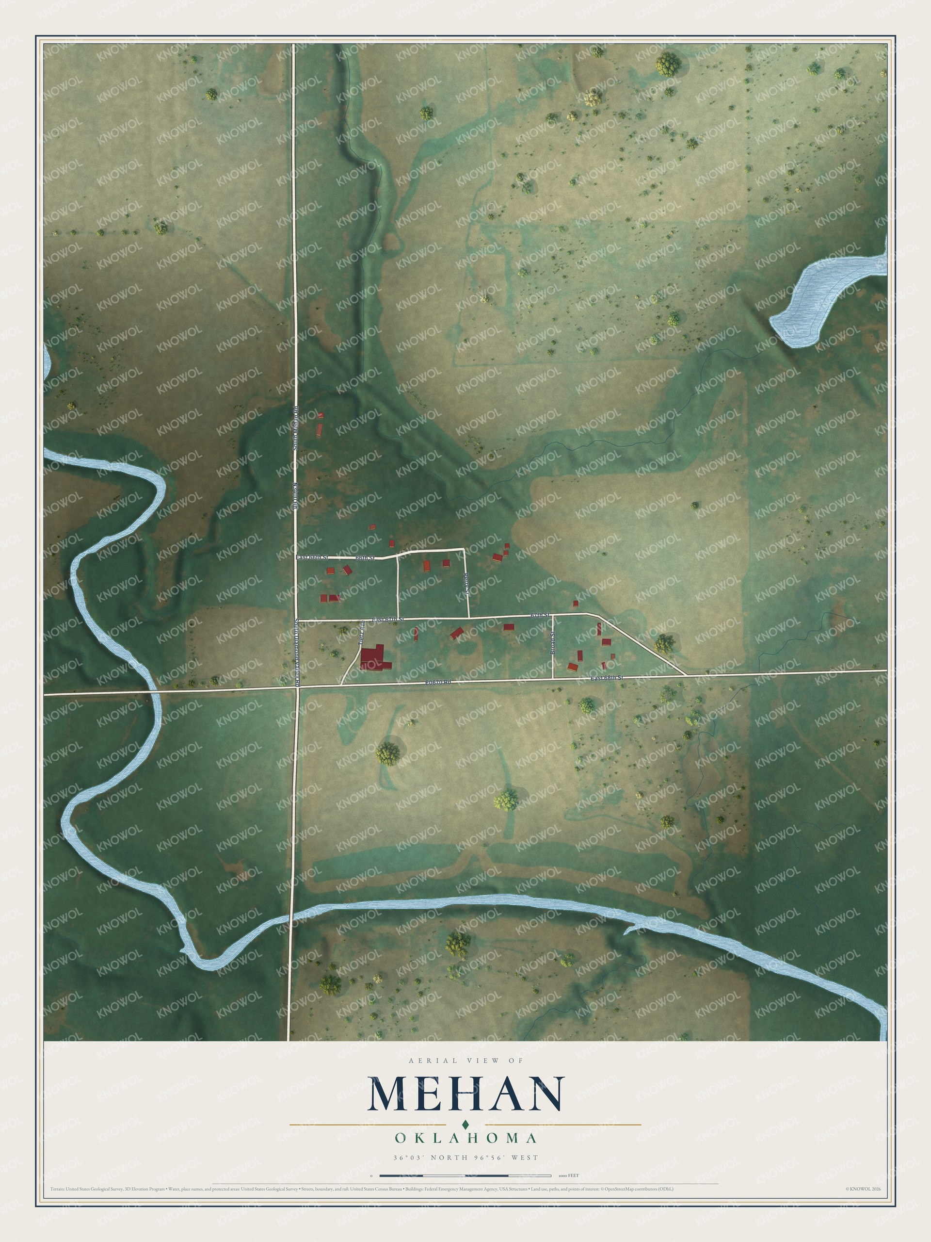 Full map of Mehan, Oklahoma, with red buildings, printed street names and the land around them
