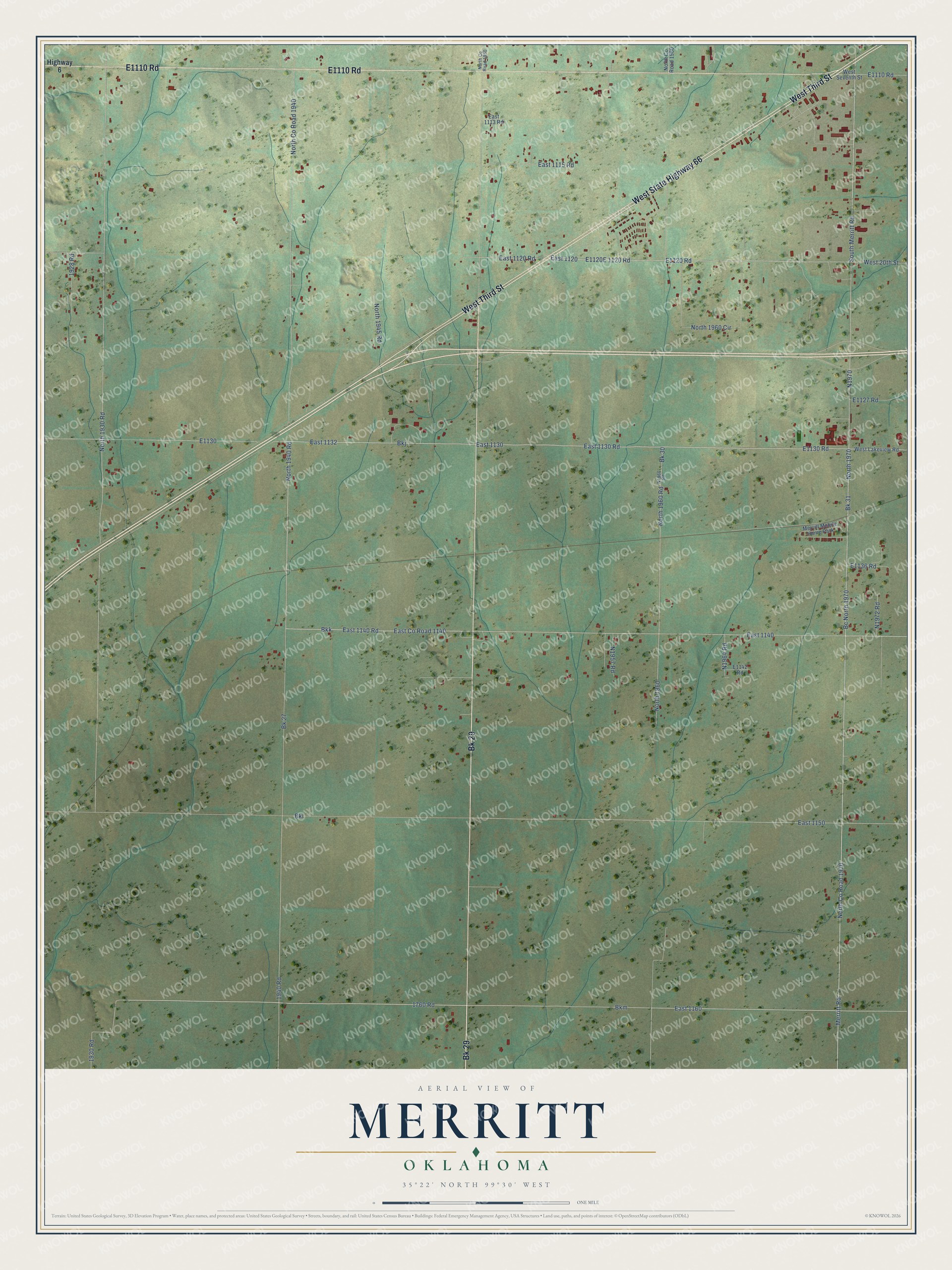 Full map of Merritt, Oklahoma, with red buildings, printed street names and the land around them