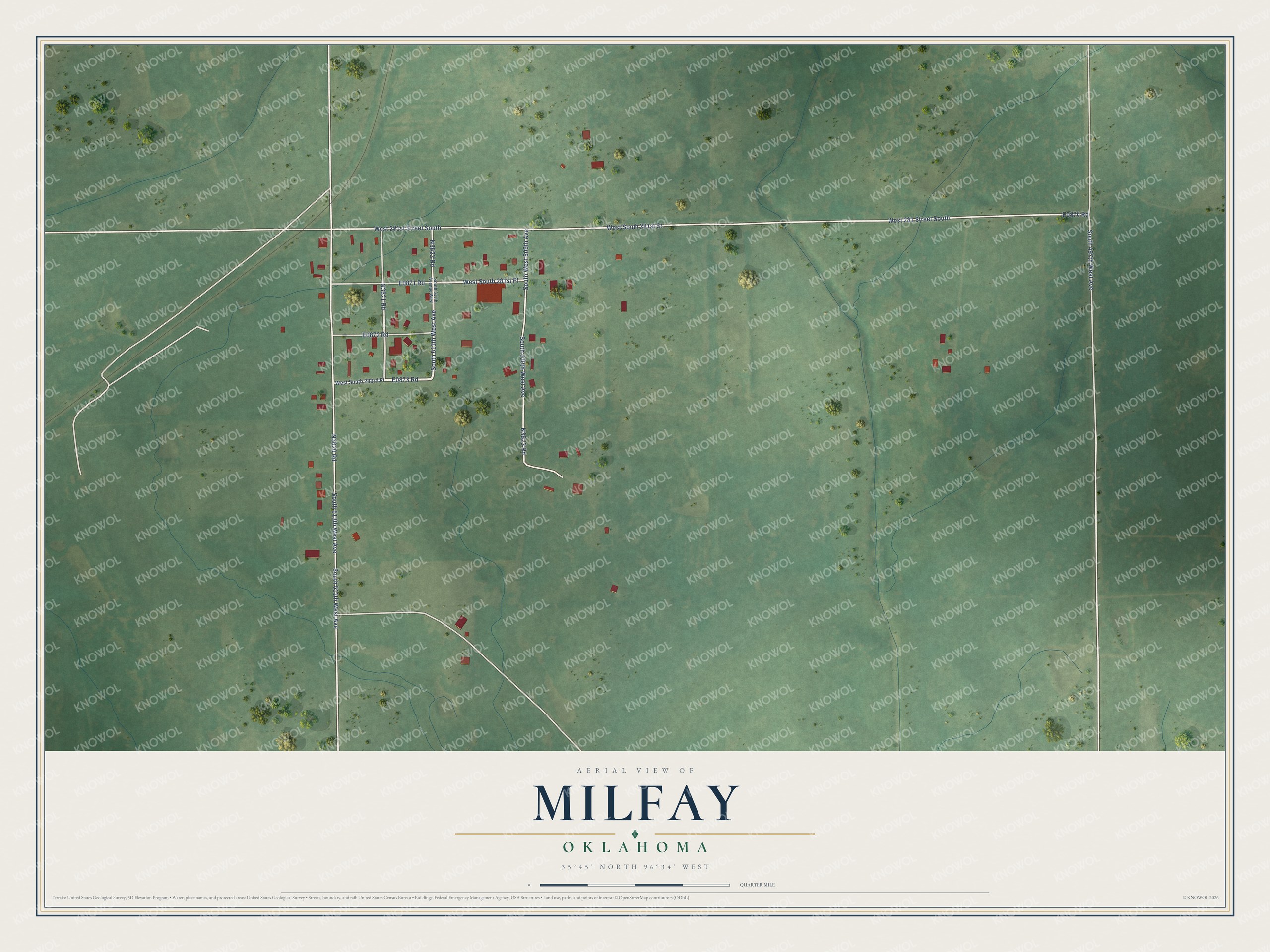 Full map of Milfay, Oklahoma, with red buildings, printed street names and the land around them