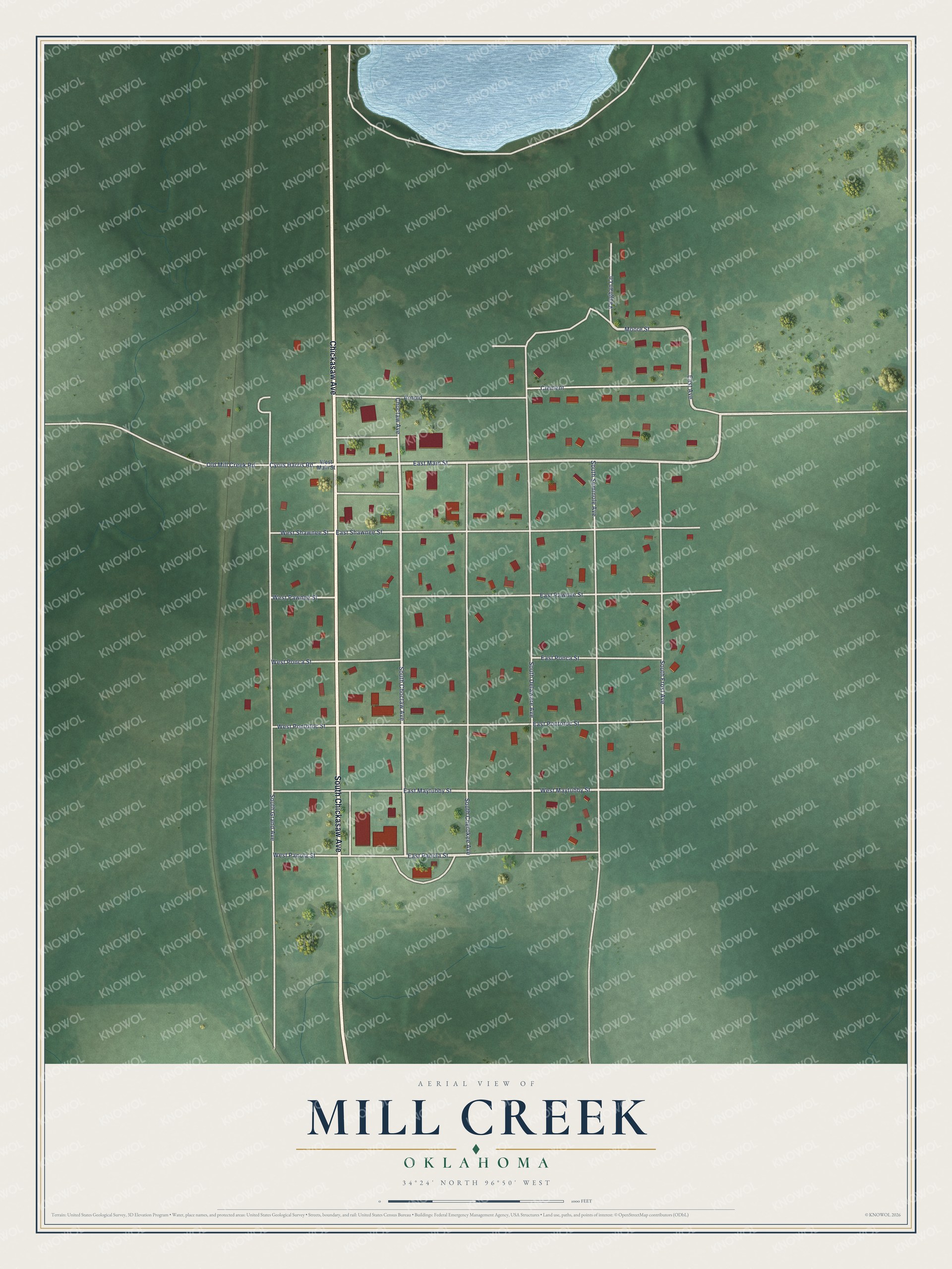 Full map of Mill Creek, Oklahoma, with red buildings, printed street names and the land around them