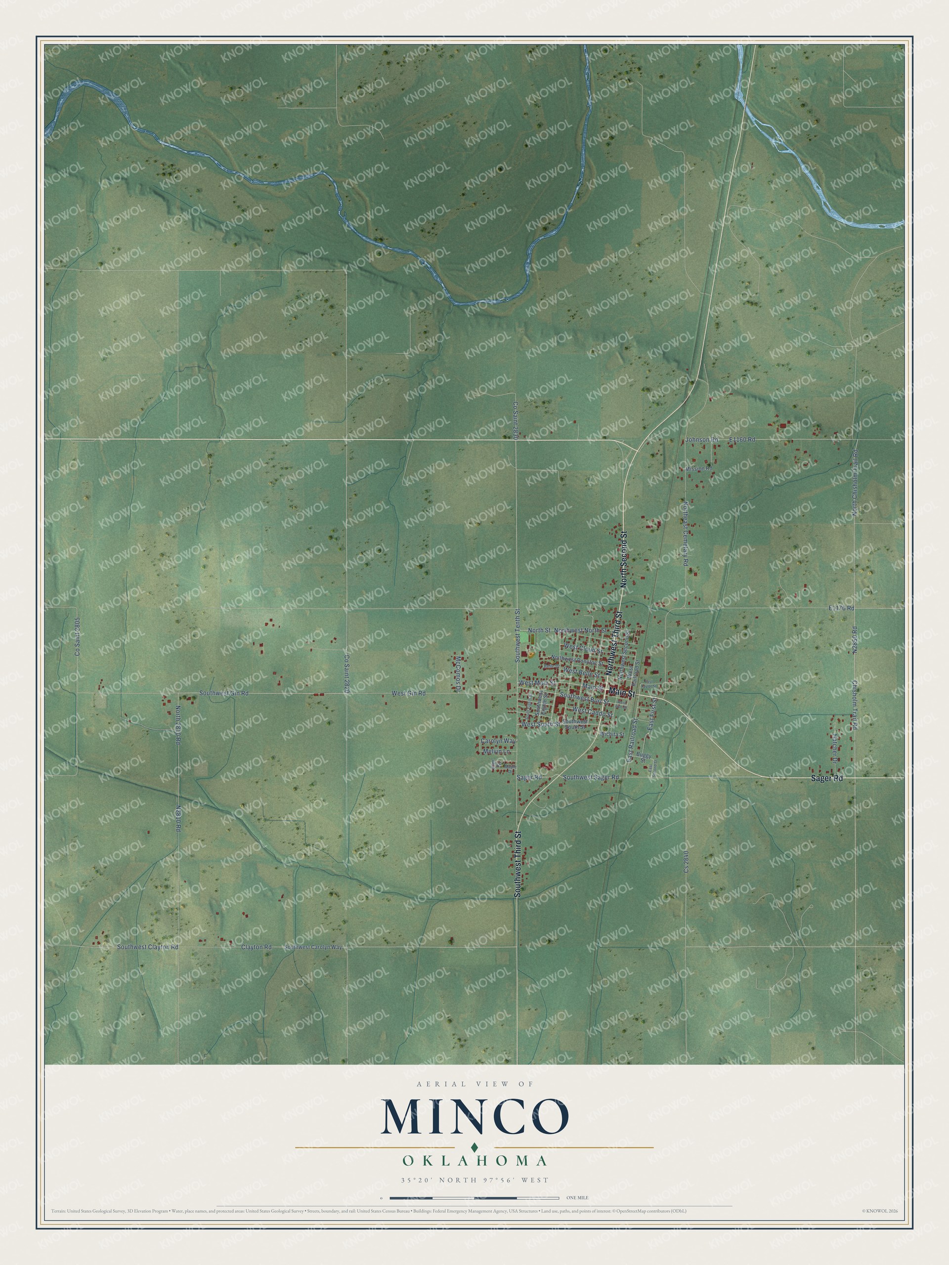 Full map of Minco, Oklahoma, with red buildings, printed street names and the land around them