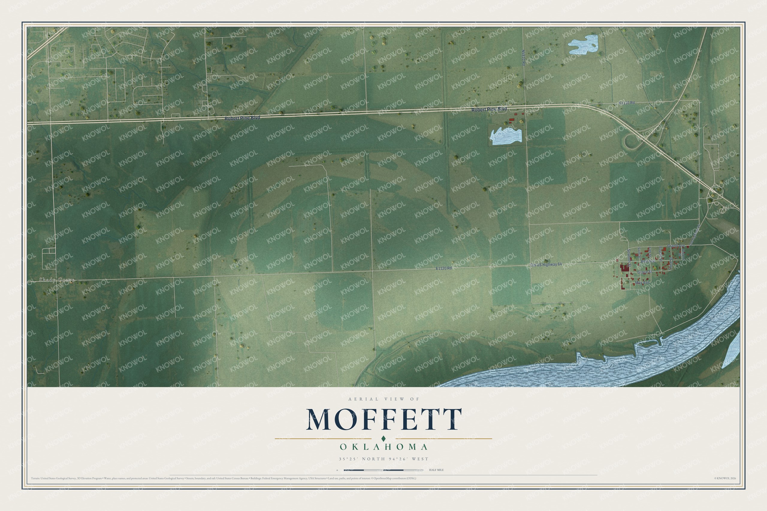 Full map of Moffett, Oklahoma, with red buildings, printed street names and the land around them