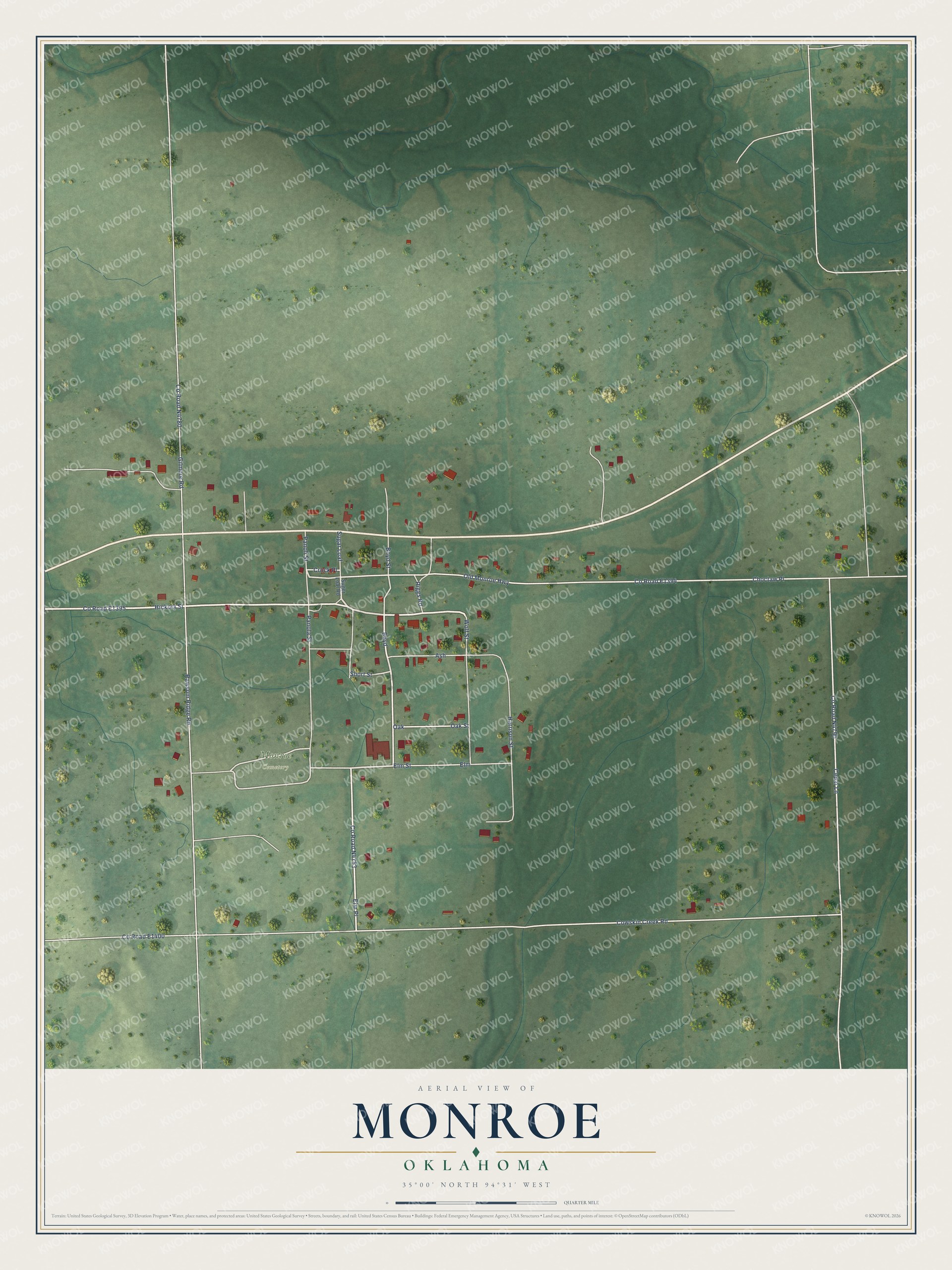 Full map of Monroe, Oklahoma, with red buildings, printed street names and the land around them