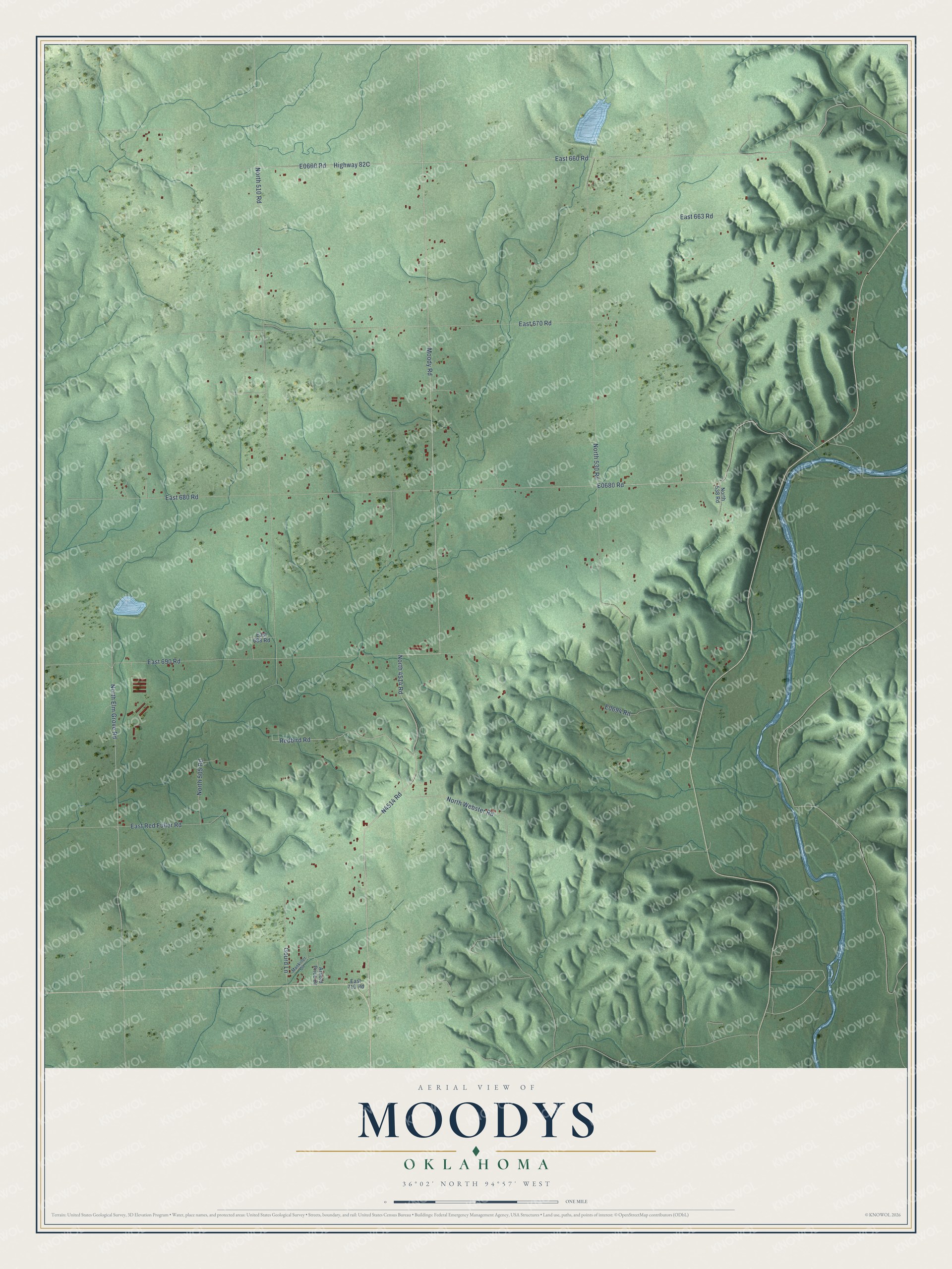 Full map of Moodys, Oklahoma, with red buildings, printed street names and the land around them