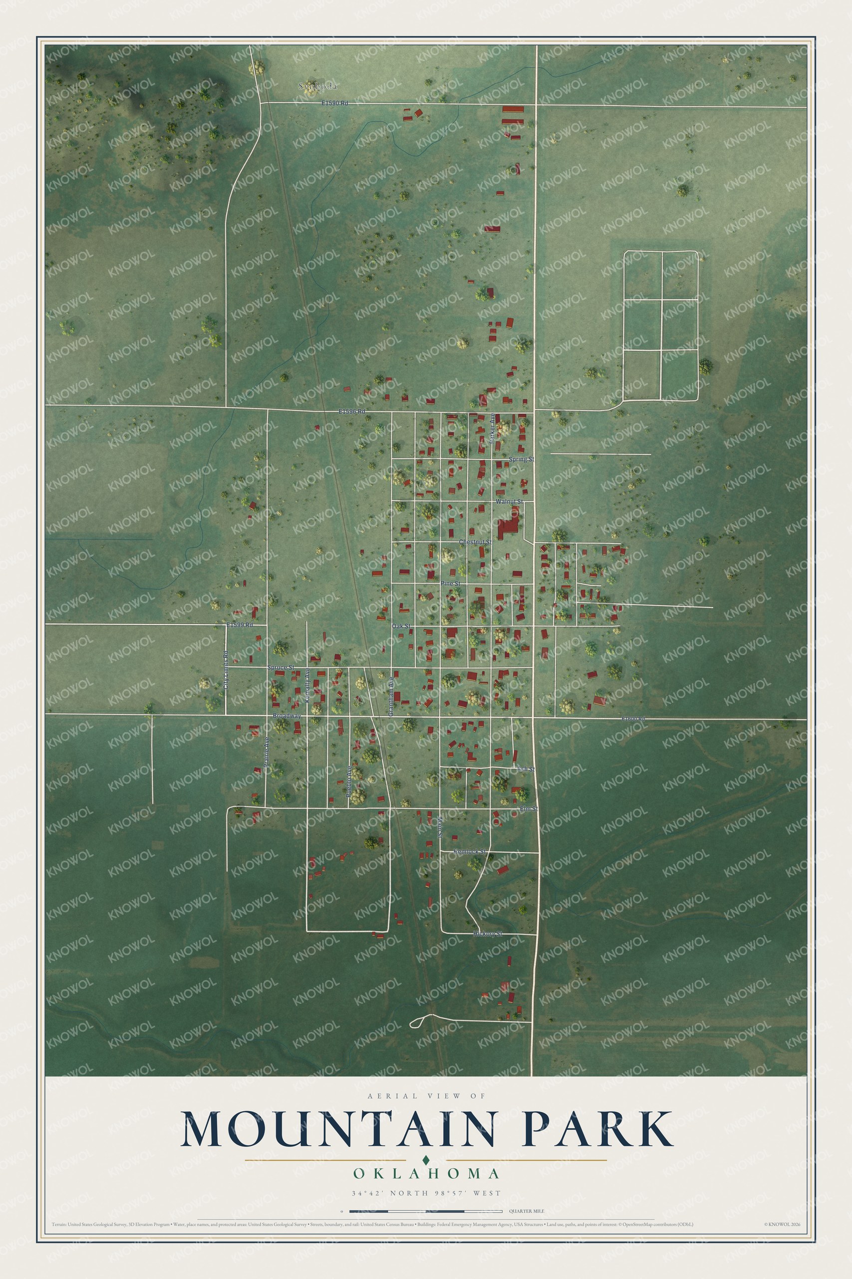 Full map of Mountain Park, Oklahoma, with red buildings, printed street names and the land around them