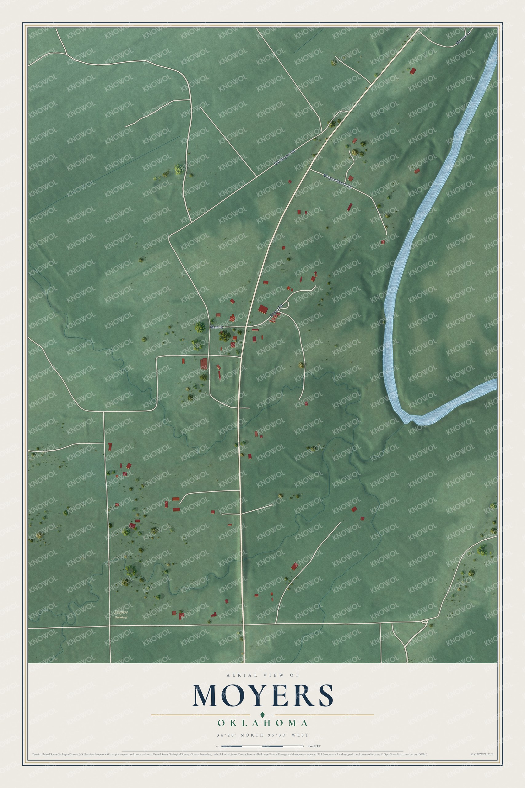 Full map of Moyers, Oklahoma, with red buildings, printed street names and the land around them
