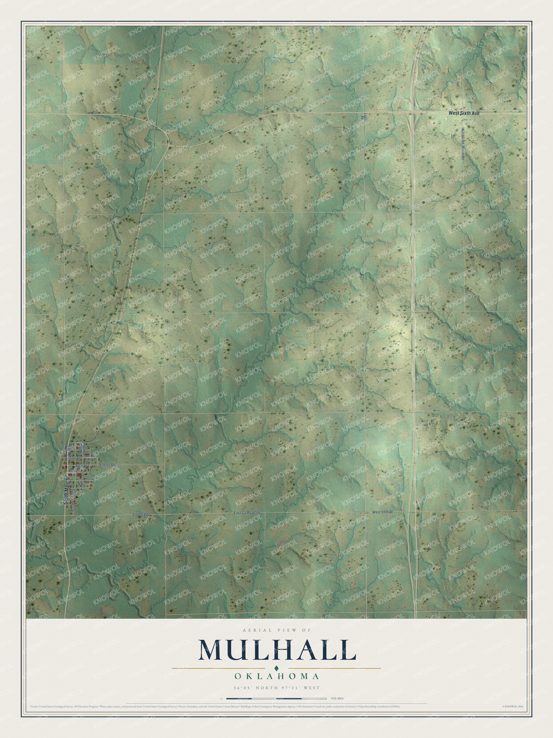 Watermarked full-map preview of Mulhall, Oklahoma