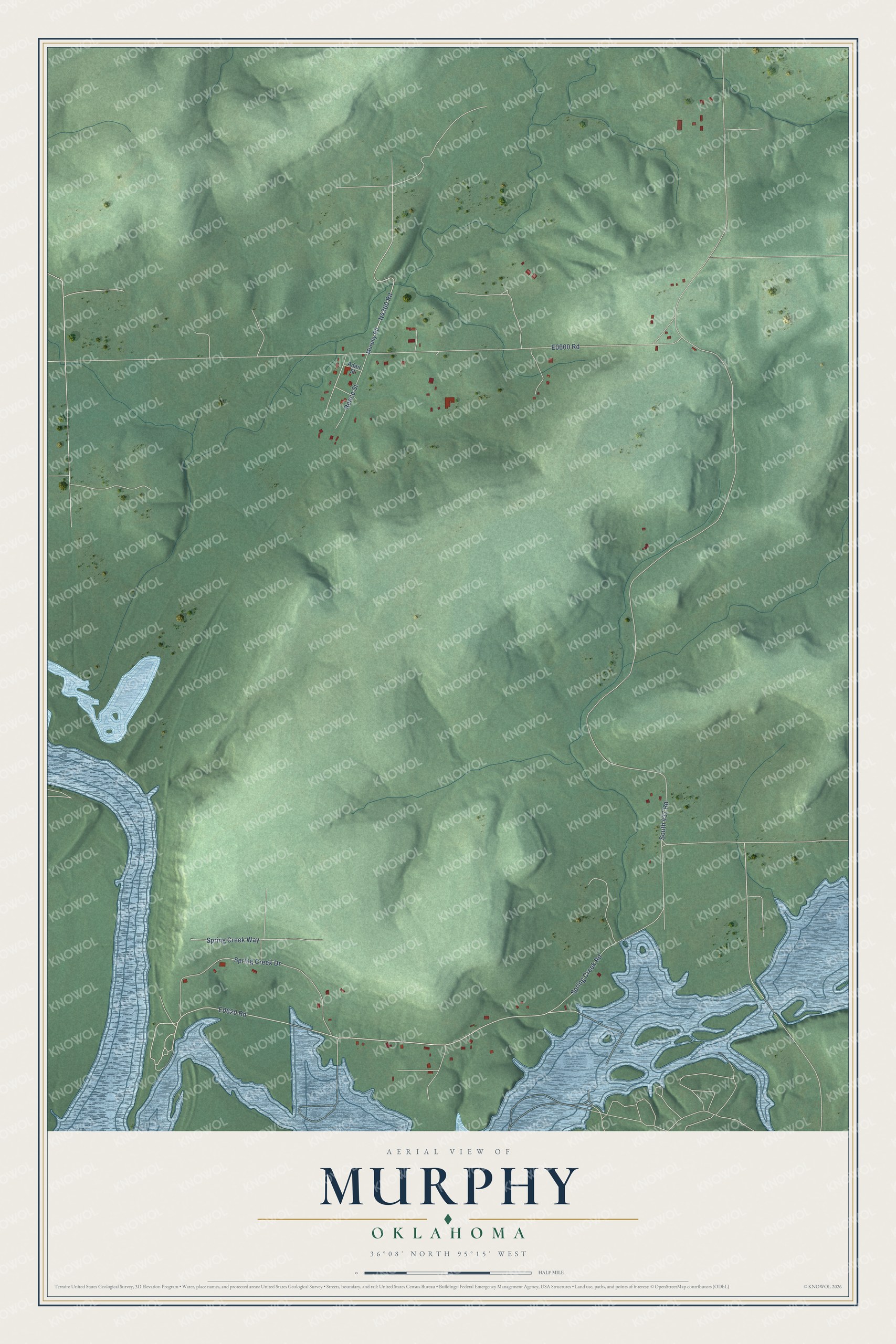 Full map of Murphy, Oklahoma, with red buildings, printed street names and the land around them