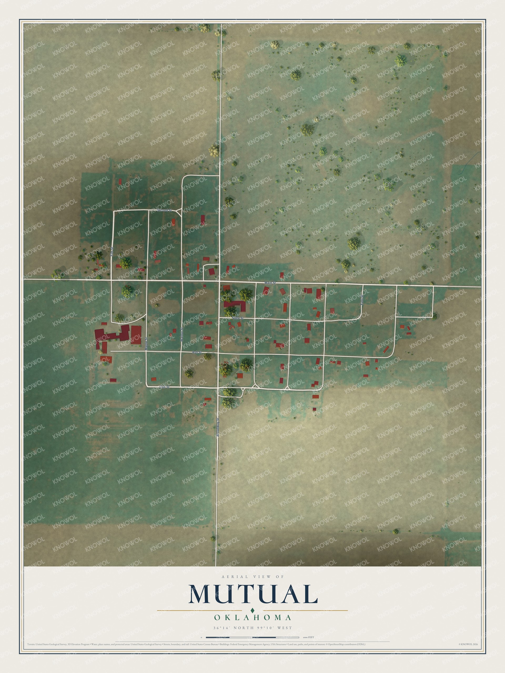 Full map of Mutual, Oklahoma, with red buildings, printed street names and the land around them