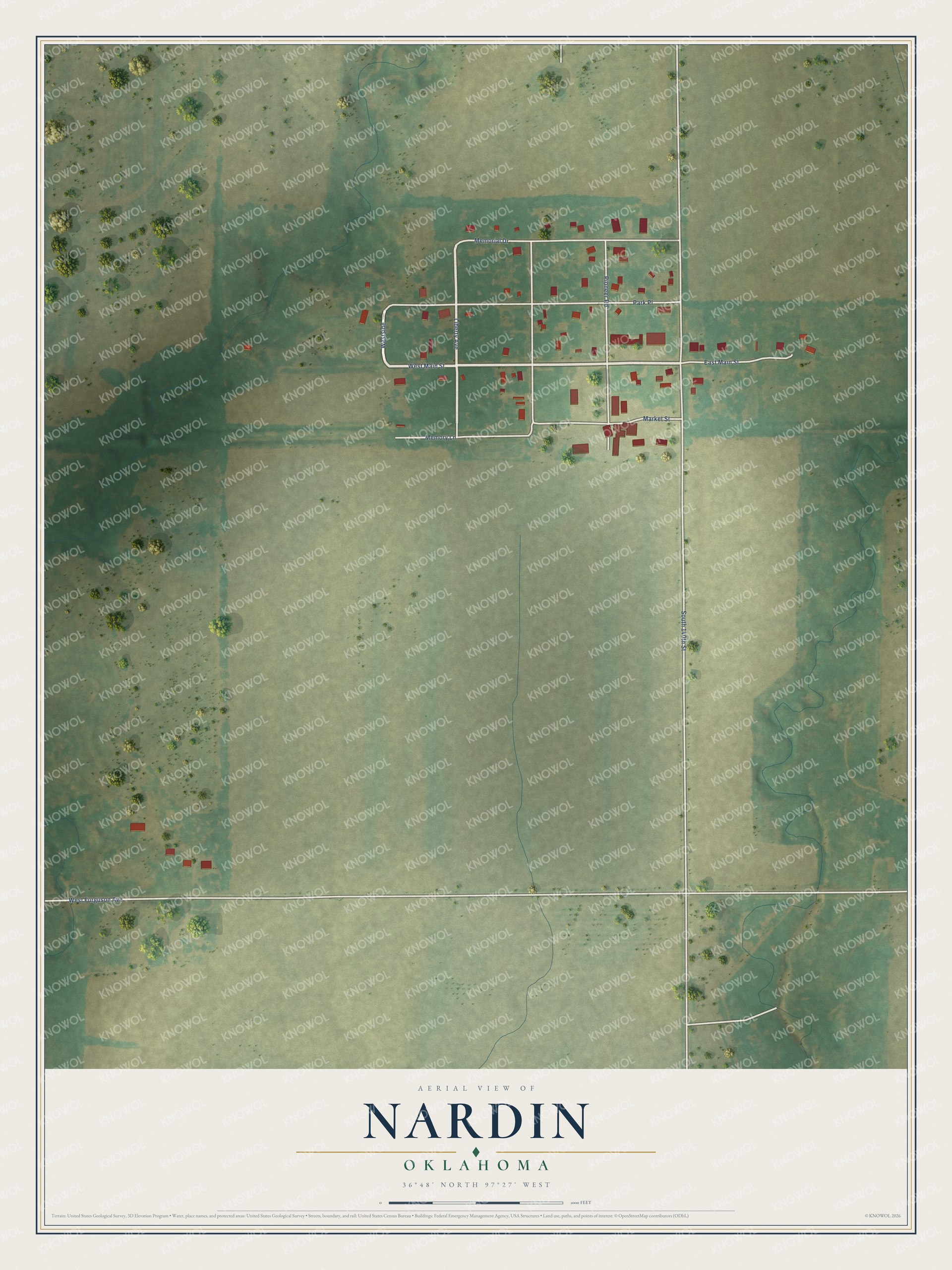 Full map of Nardin, Oklahoma, with red buildings, printed street names and the land around them