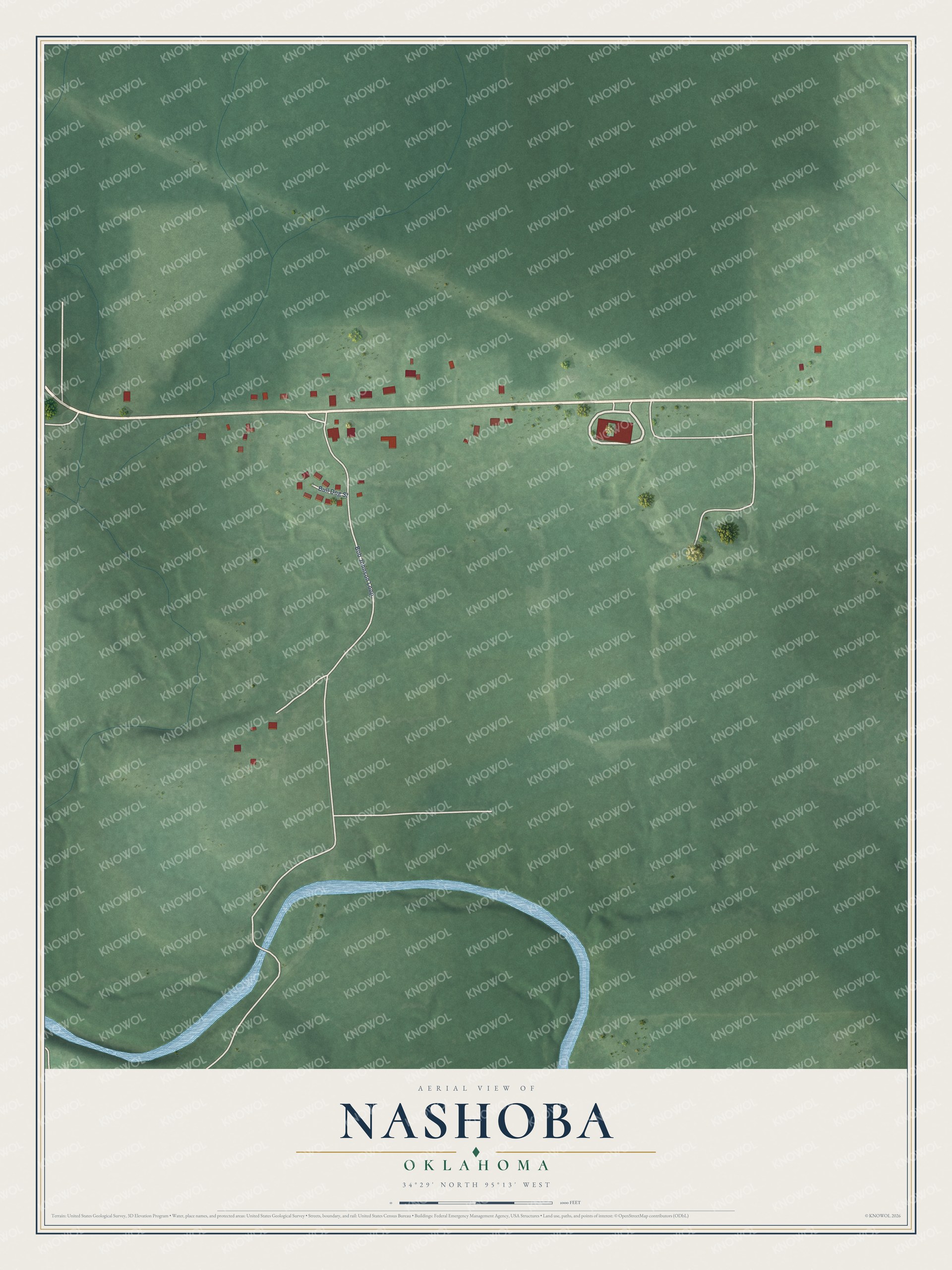 Full map of Nashoba, Oklahoma, with red buildings, printed street names and the land around them