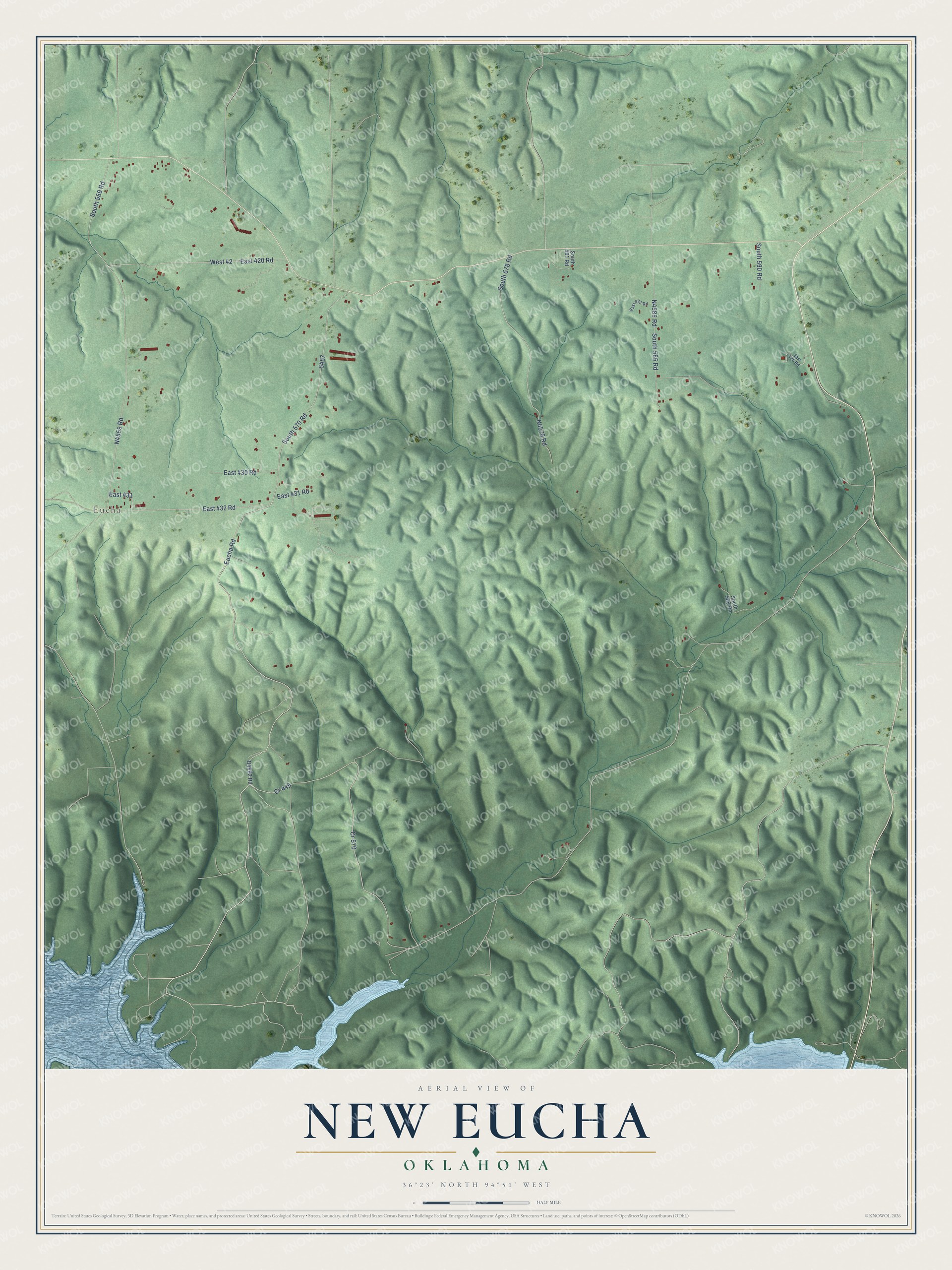 Full map of New Eucha, Oklahoma, with red buildings, printed street names and the land around them
