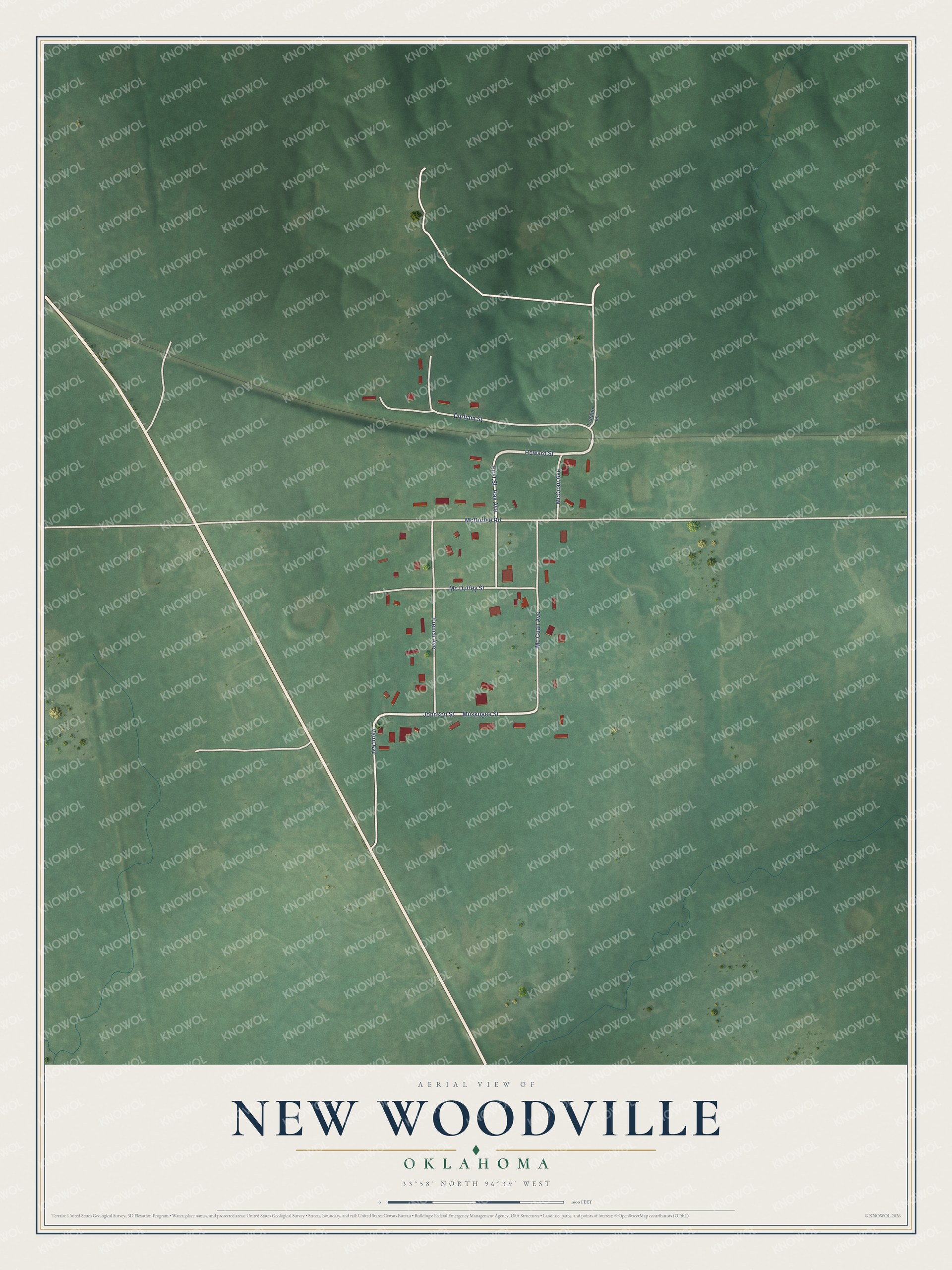 Full map of New Woodville, Oklahoma, with red buildings, printed street names and the land around them
