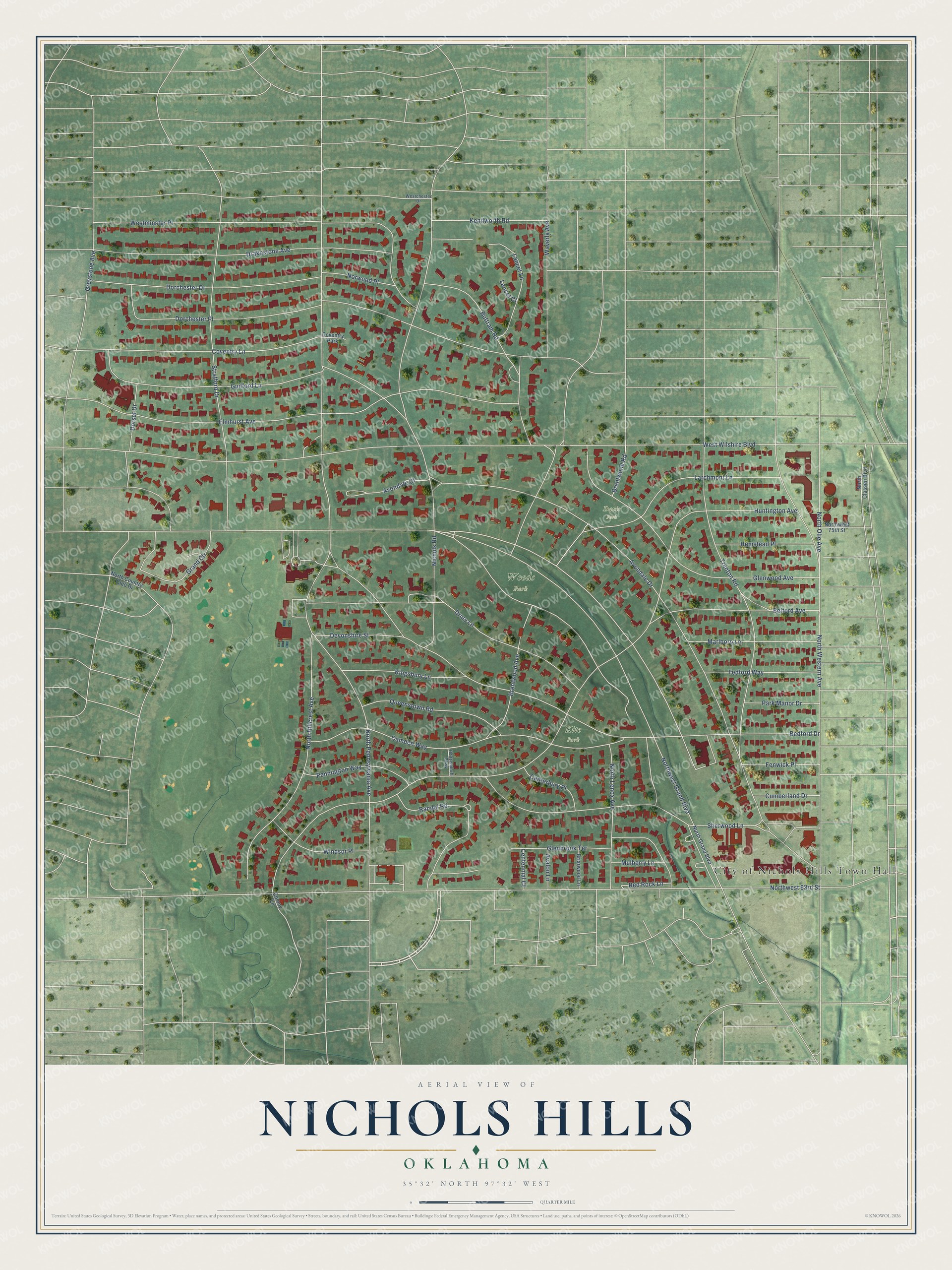 Full map of Nichols Hills, Oklahoma, with red buildings, printed street names and the land around them