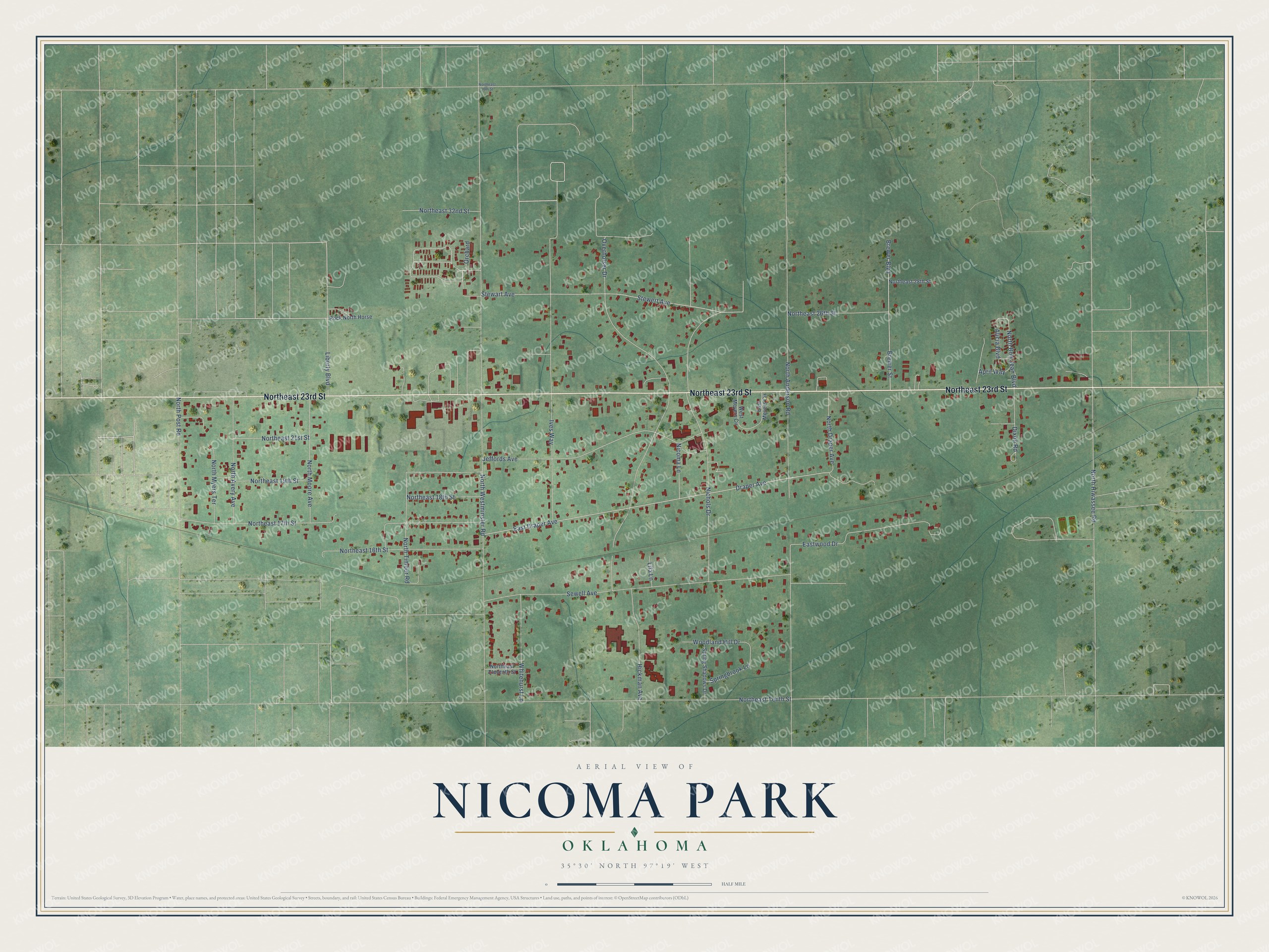Full map of Nicoma Park, Oklahoma, with red buildings, printed street names and the land around them