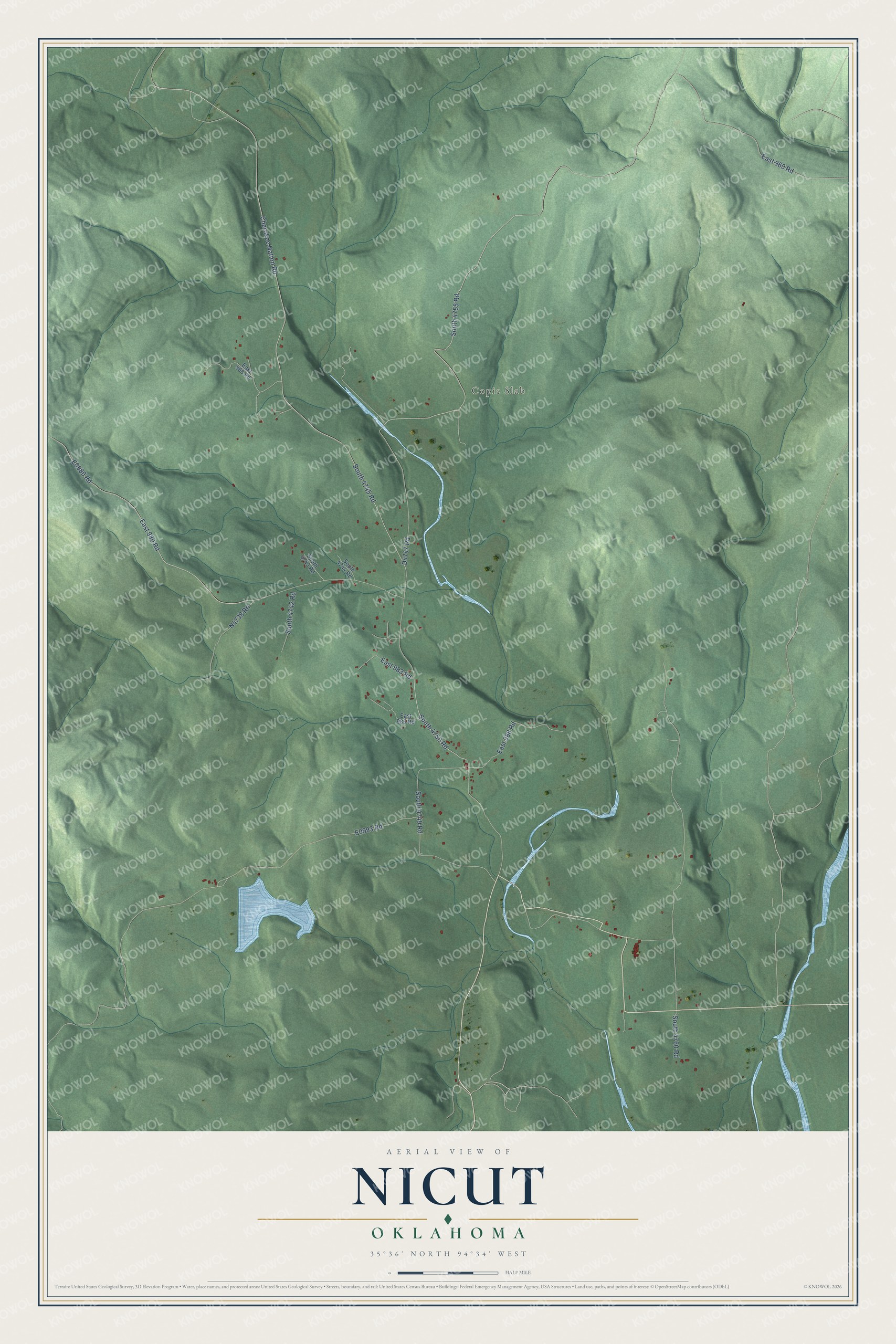 Full map of Nicut, Oklahoma, with red buildings, printed street names and the land around them