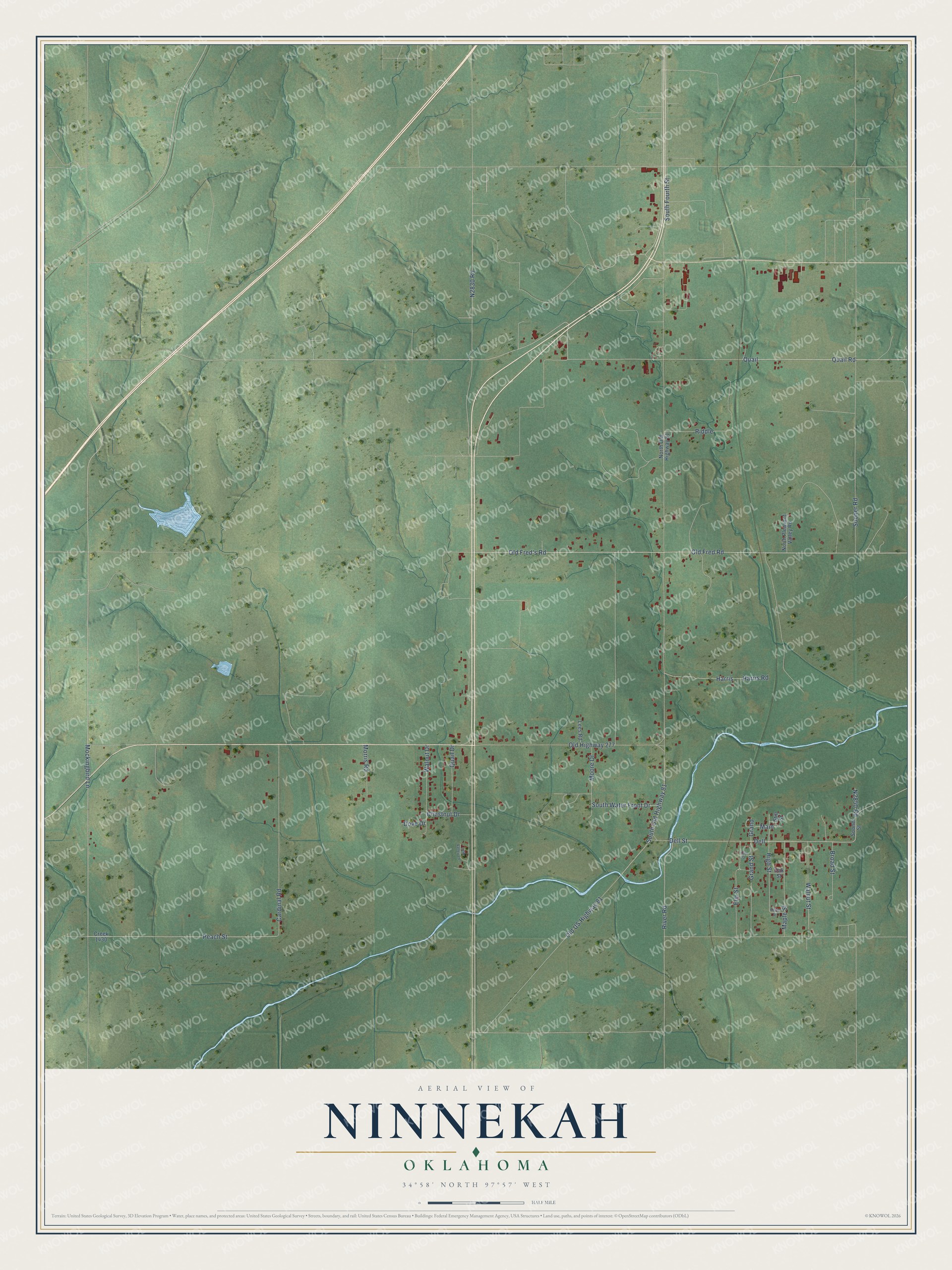 Full map of Ninnekah, Oklahoma, with red buildings, printed street names and the land around them